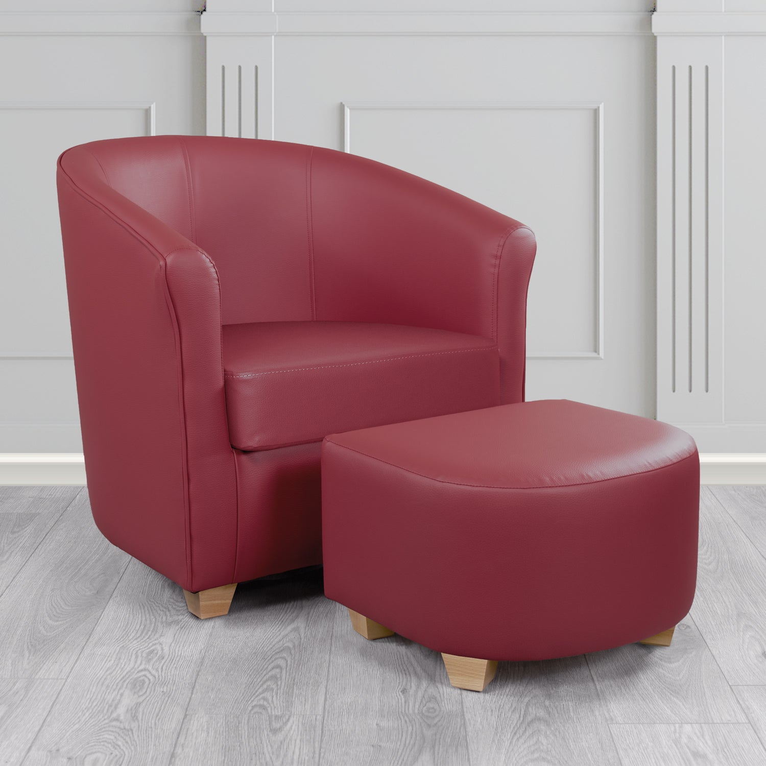 Cannes Tub Chair with Footstool Set in Just Colour Jazzberry Crib 5 Faux Leather - The Tub Chair Shop
