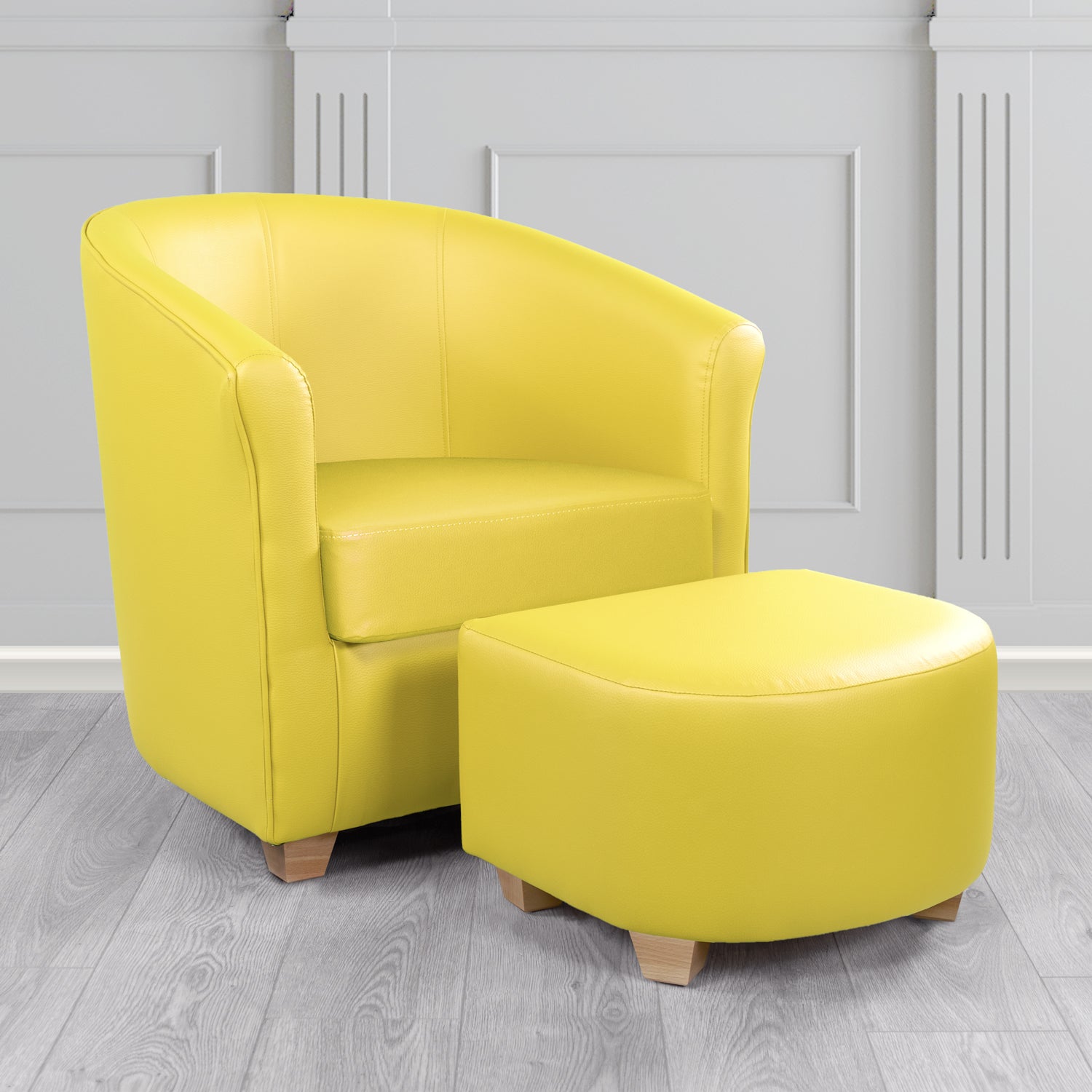 Cannes Tub Chair with Footstool Set in Just Colour Lemon Crib 5 Faux Leather - The Tub Chair Shop