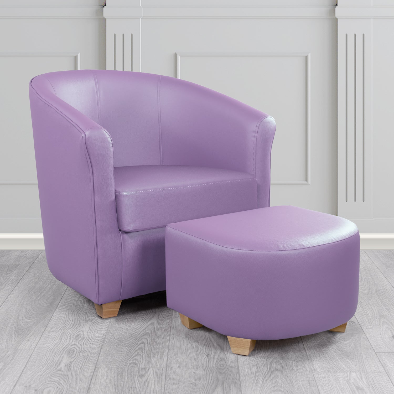 Cannes Tub Chair with Footstool Set in Just Colour Lilac Crib 5 Faux Leather - The Tub Chair Shop