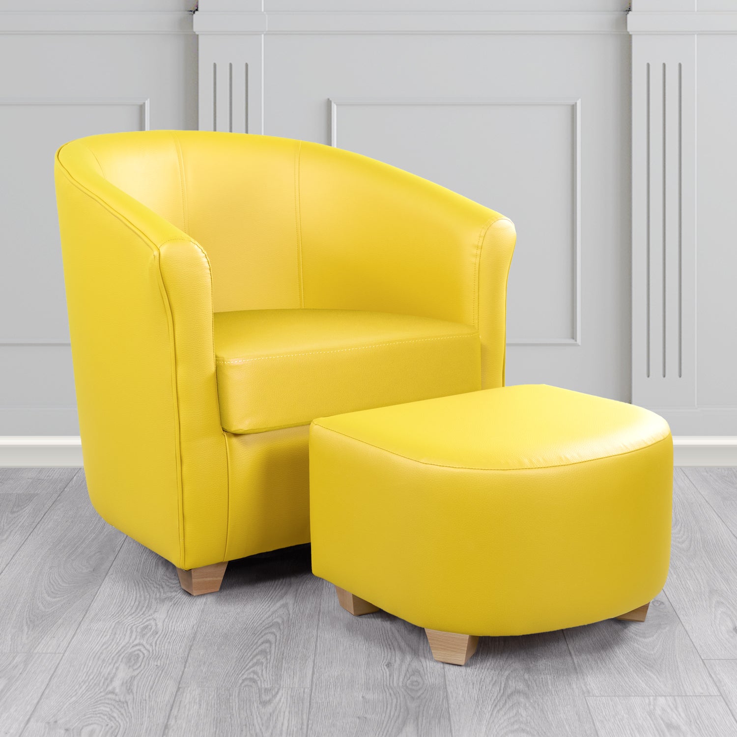 Cannes Tub Chair with Footstool Set in Just Colour Marigold Crib 5 Faux Leather - The Tub Chair Shop