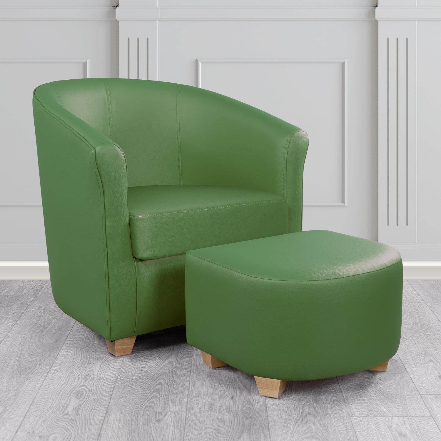 Cannes Tub Chair with Footstool Set in Just Colour Moss Crib 5 Faux Leather - The Tub Chair Shop
