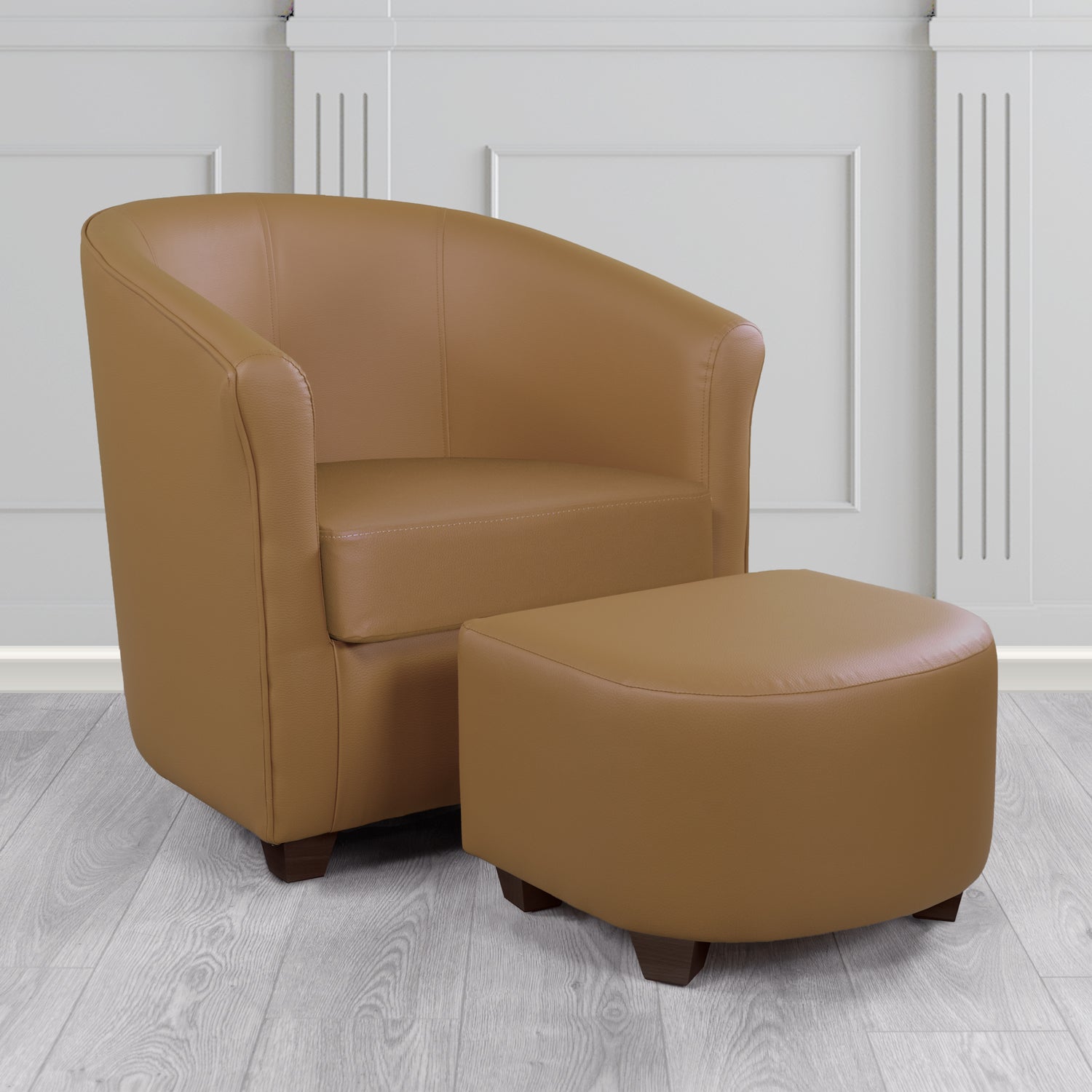Cannes Tub Chair with Footstool Set in Just Colour Nutmeg Crib 5 Faux Leather - The Tub Chair Shop