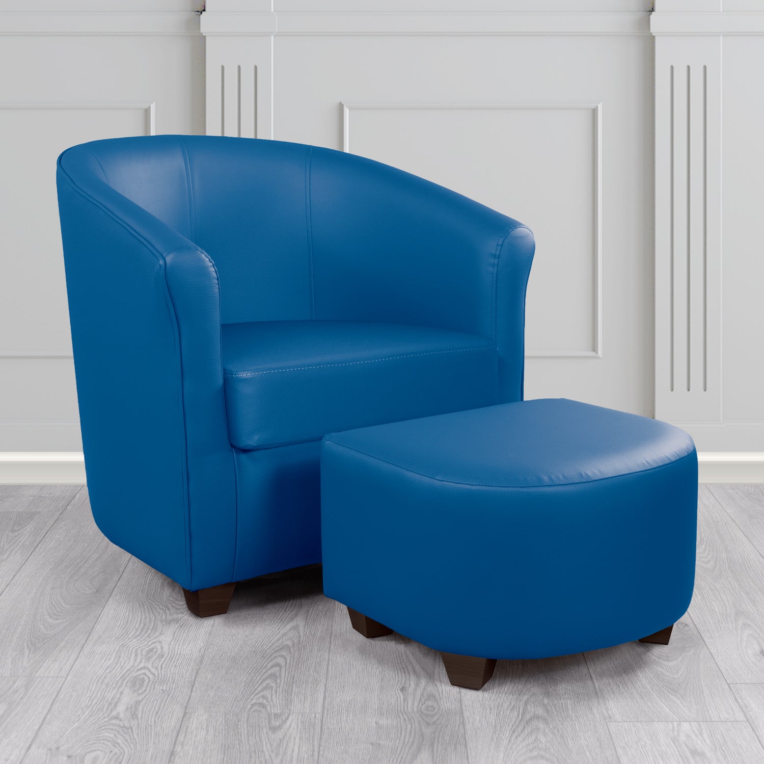 Cannes Tub Chair with Footstool Set in Just Colour Ocean Blue Crib 5 Faux Leather - The Tub Chair Shop