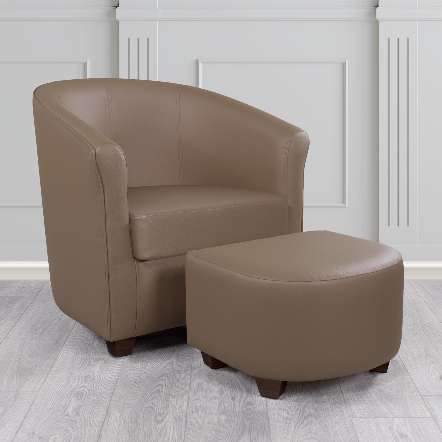 Cannes Tub Chair with Footstool Set in Just Colour Pecan Crib 5 Faux Leather - The Tub Chair Shop
