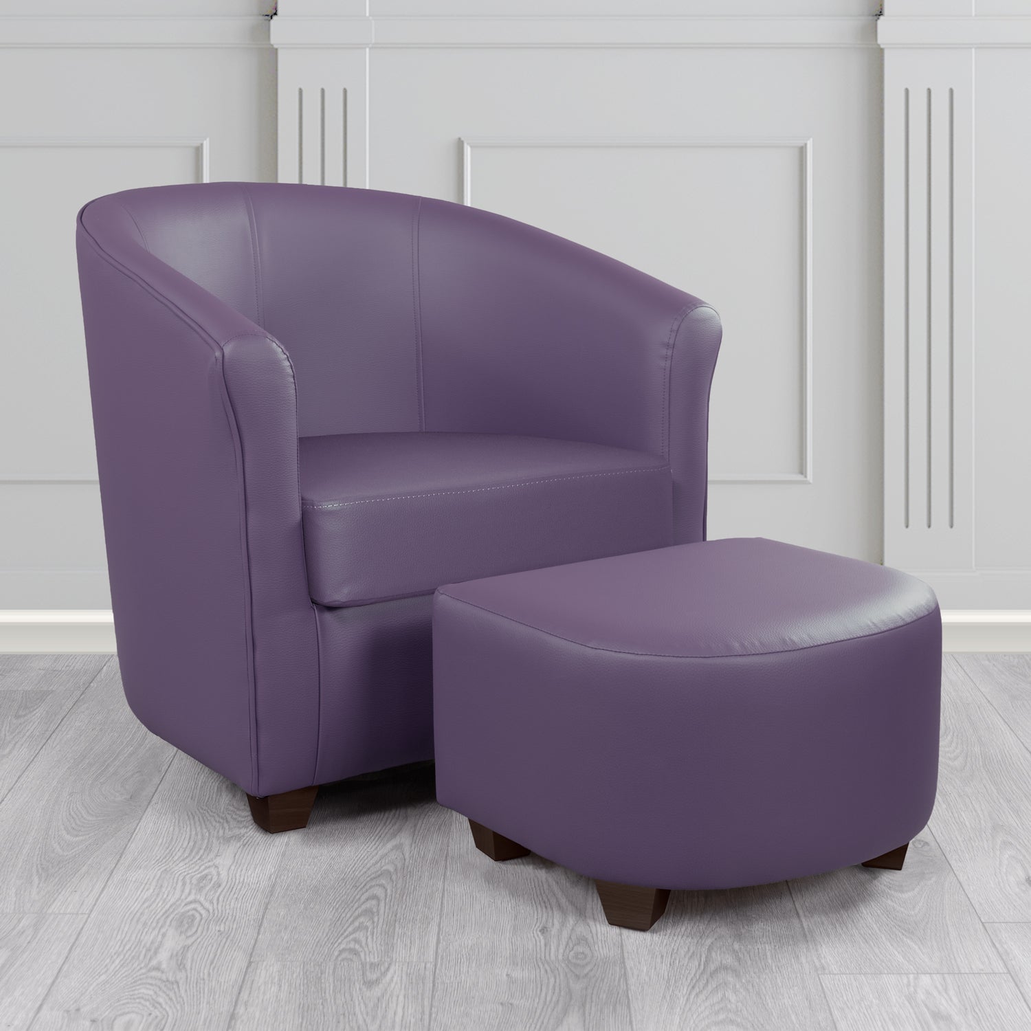 Cannes Tub Chair with Footstool Set in Just Colour Professor Plum Crib 5 Faux Leather - The Tub Chair Shop