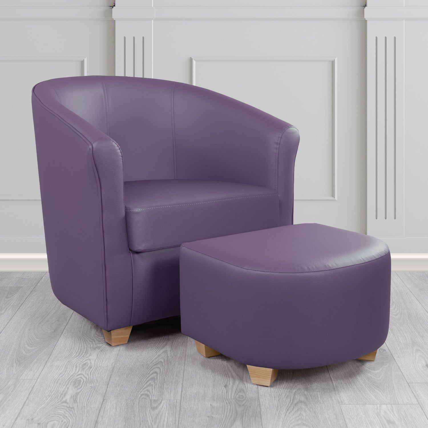Cannes Tub Chair with Footstool Set in Just Colour Professor Plum Crib 5 Faux Leather - The Tub Chair Shop