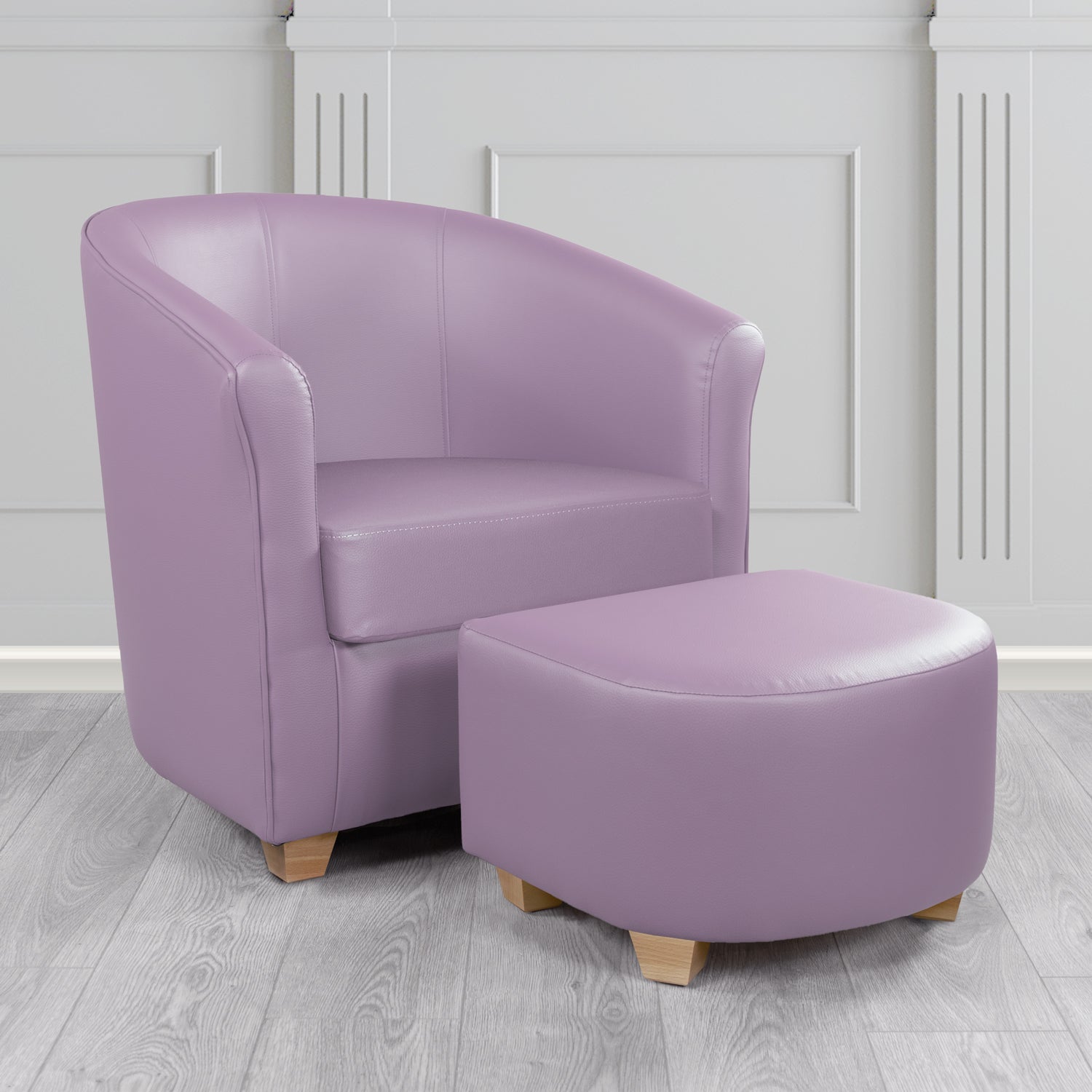 Cannes Tub Chair with Footstool Set in Just Colour Purple Rain Crib 5 Faux Leather - The Tub Chair Shop