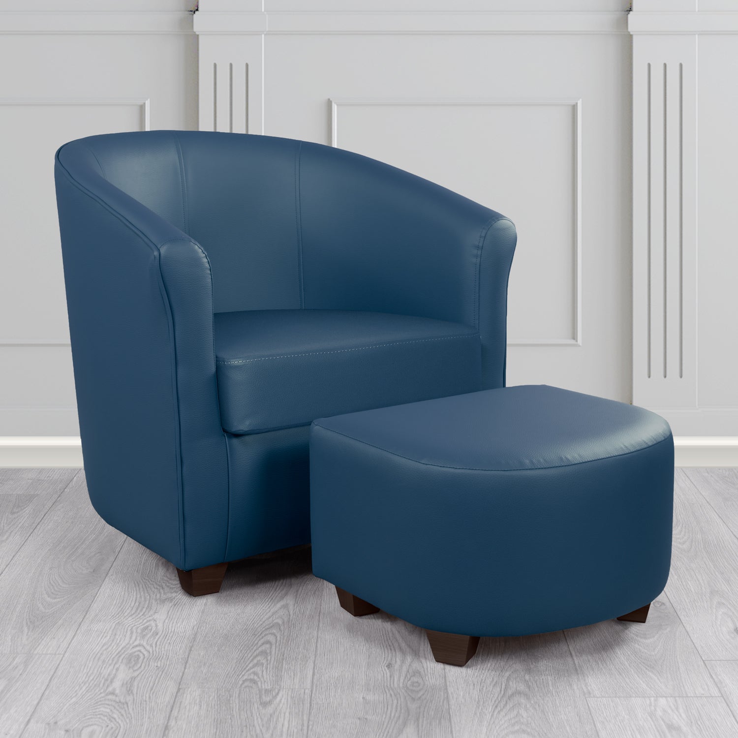 Cannes Tub Chair with Footstool Set in Just Colour Sapphire Blue Crib 5 Faux Leather - The Tub Chair Shop