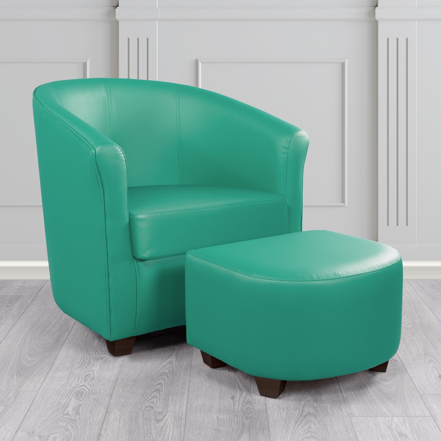 Cannes Tub Chair with Footstool Set in Just Colour Sea Green Crib 5 Faux Leather - The Tub Chair Shop