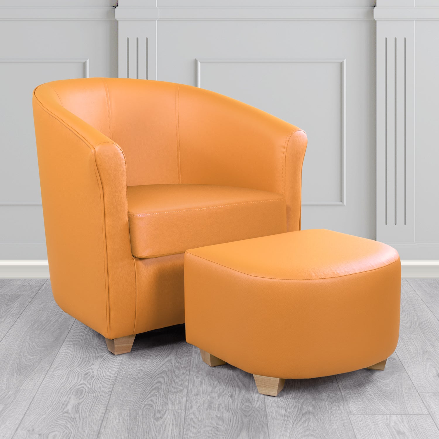 Cannes Tub Chair with Footstool Set in Just Colour Tangerine Crib 5 Faux Leather - The Tub Chair Shop