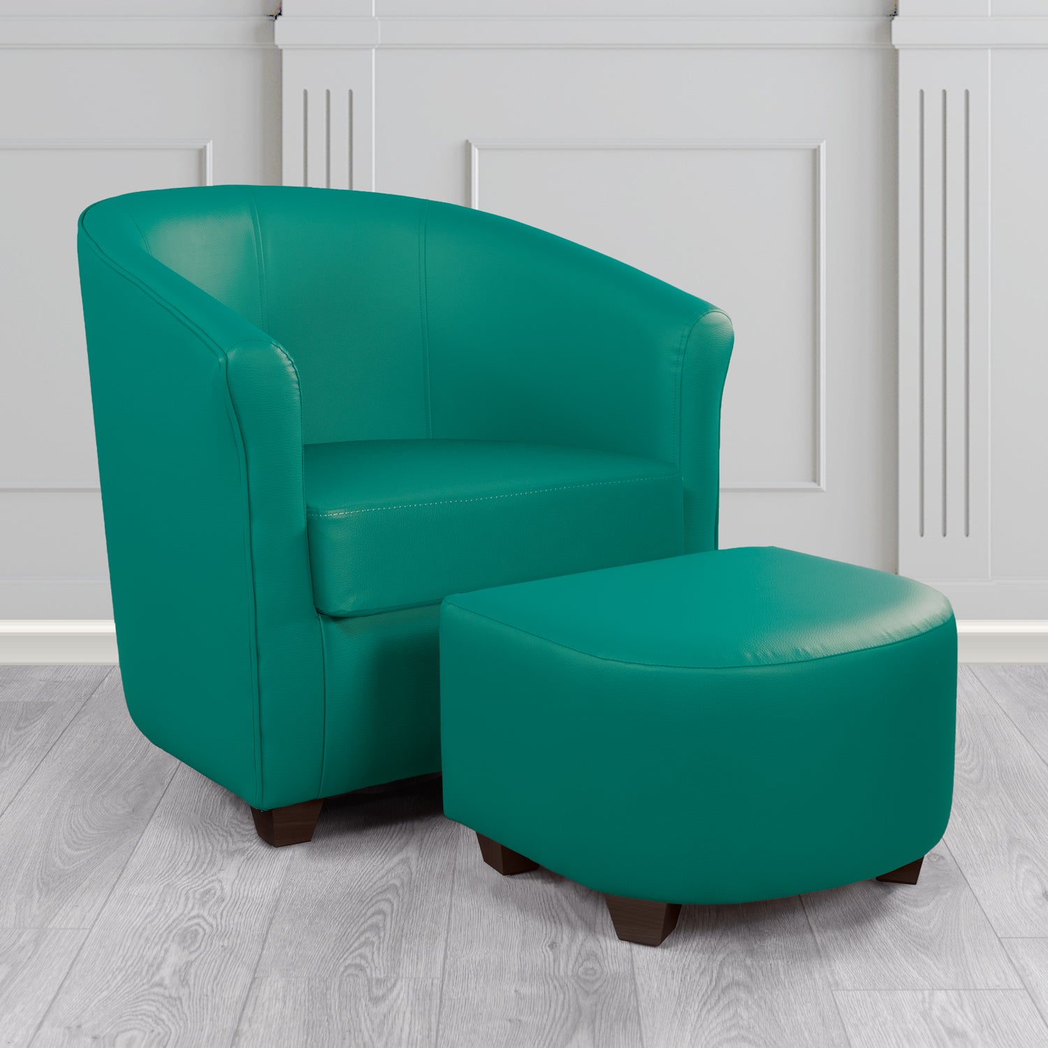 Cannes Tub Chair with Footstool Set in Just Colour Teal Crib 5 Faux Leather - The Tub Chair Shop