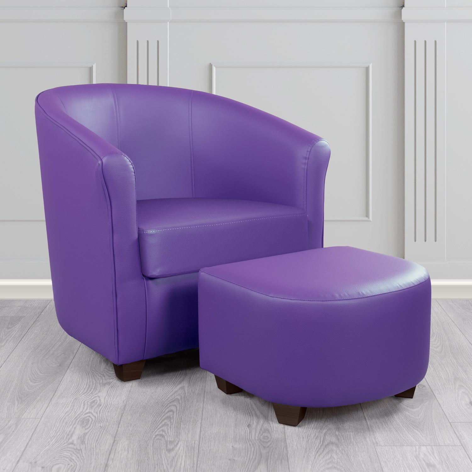 Cannes Tub Chair with Footstool Set in Just Colour Ultraviolet Crib 5 Faux Leather