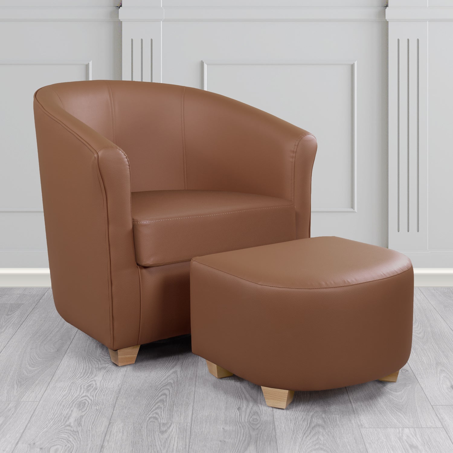 Cannes Tub Chair with Footstool Set in Just Colour Walnut Crib 5 Faux Leather - The Tub Chair Shop