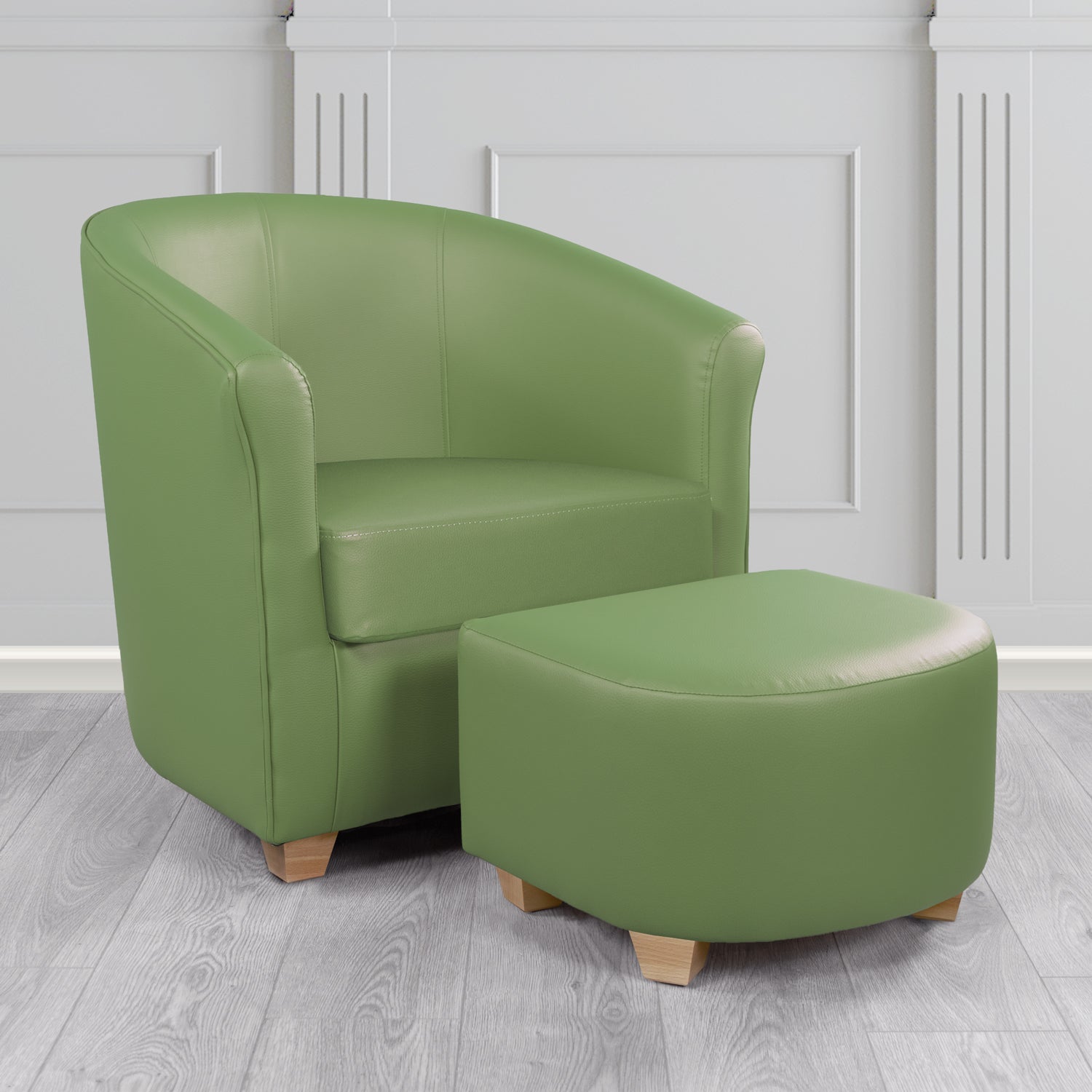 Cannes Tub Chair with Footstool Set in Just Colour Wasabi Crib 5 Faux Leather - The Tub Chair Shop