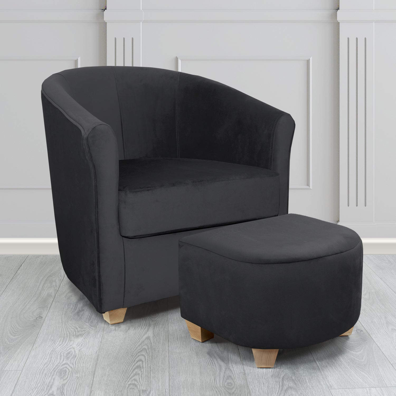 Cannes Monaco Black Plush Velvet Fabric Tub Chair & Footstool Set (6597233377322)