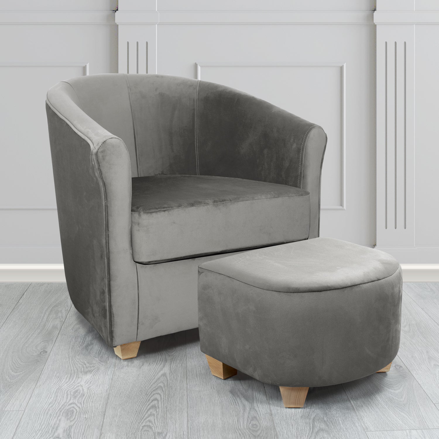 Cannes Monaco Charcoal Plush Velvet Fabric Tub Chair & Footstool Set (6597243437098)