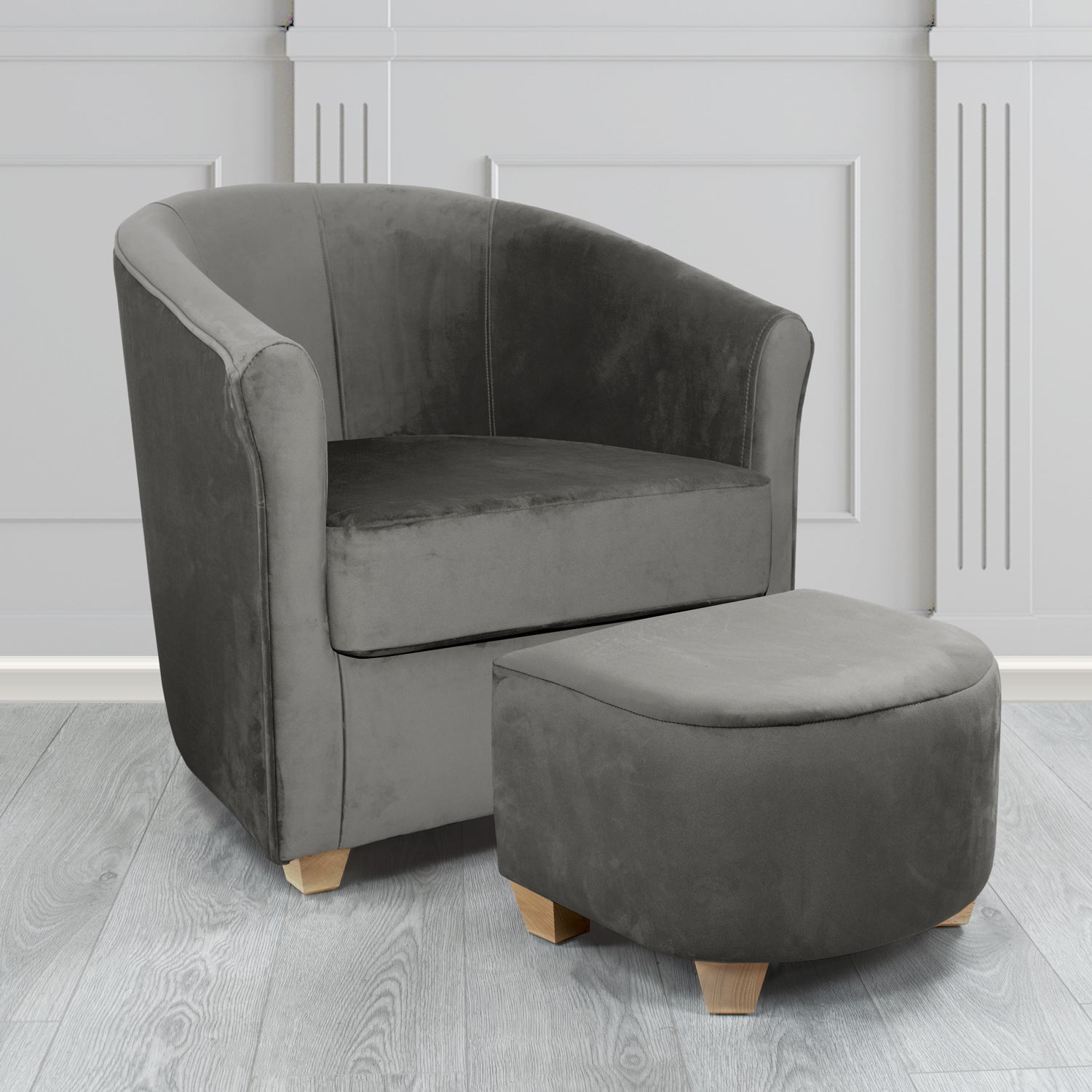 Cannes Monaco Grey Plush Velvet Fabric Tub Chair & Footstool Set (6597243928618)