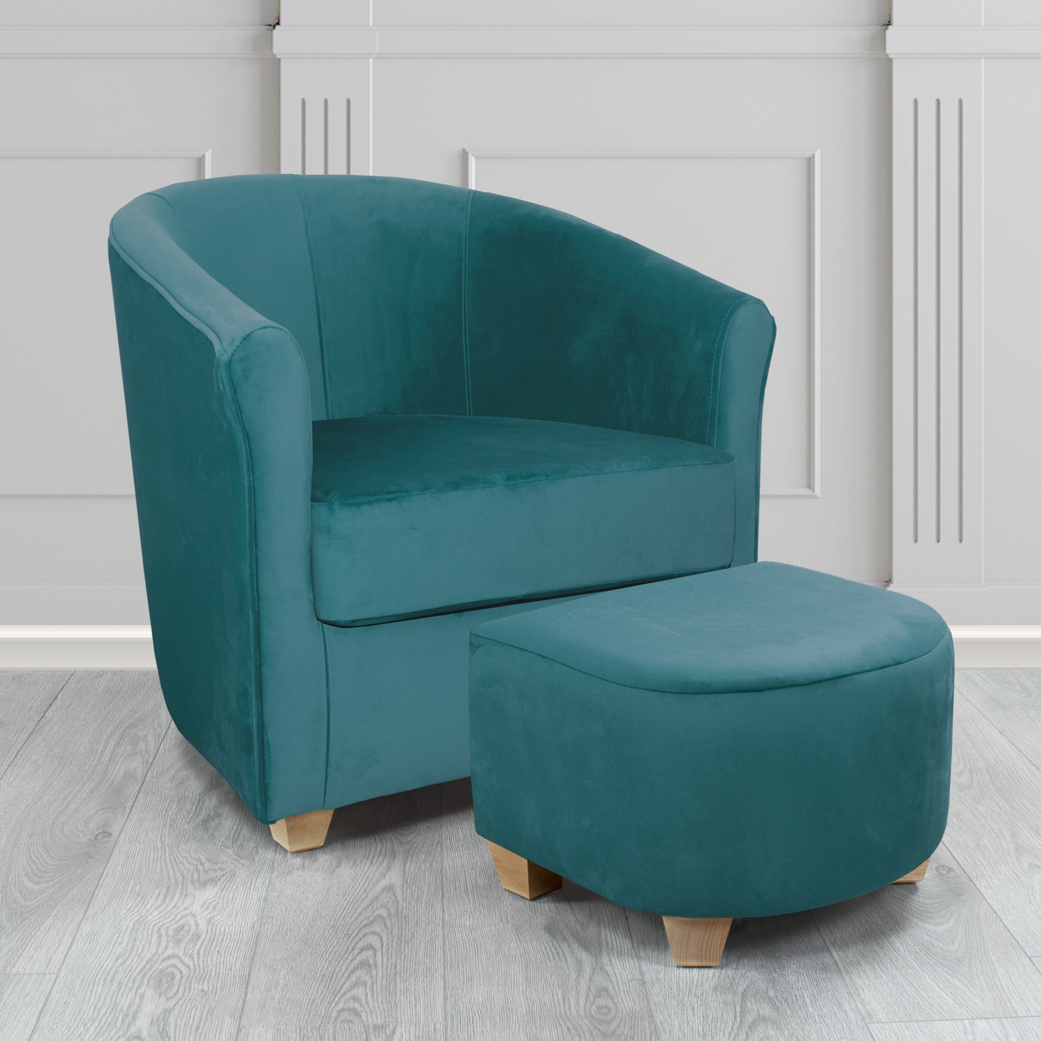 Cannes Monaco Teal Plush Velvet Fabric Tub Chair & Footstool Set (6597328797738)