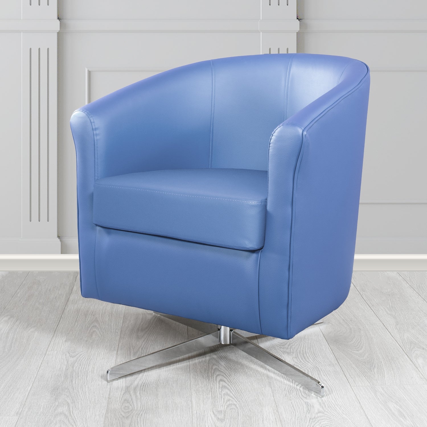 Cannes Swivel Tub Chair in Just Colour Blue Steel Crib 5 Faux Leather - The Tub Chair Shop