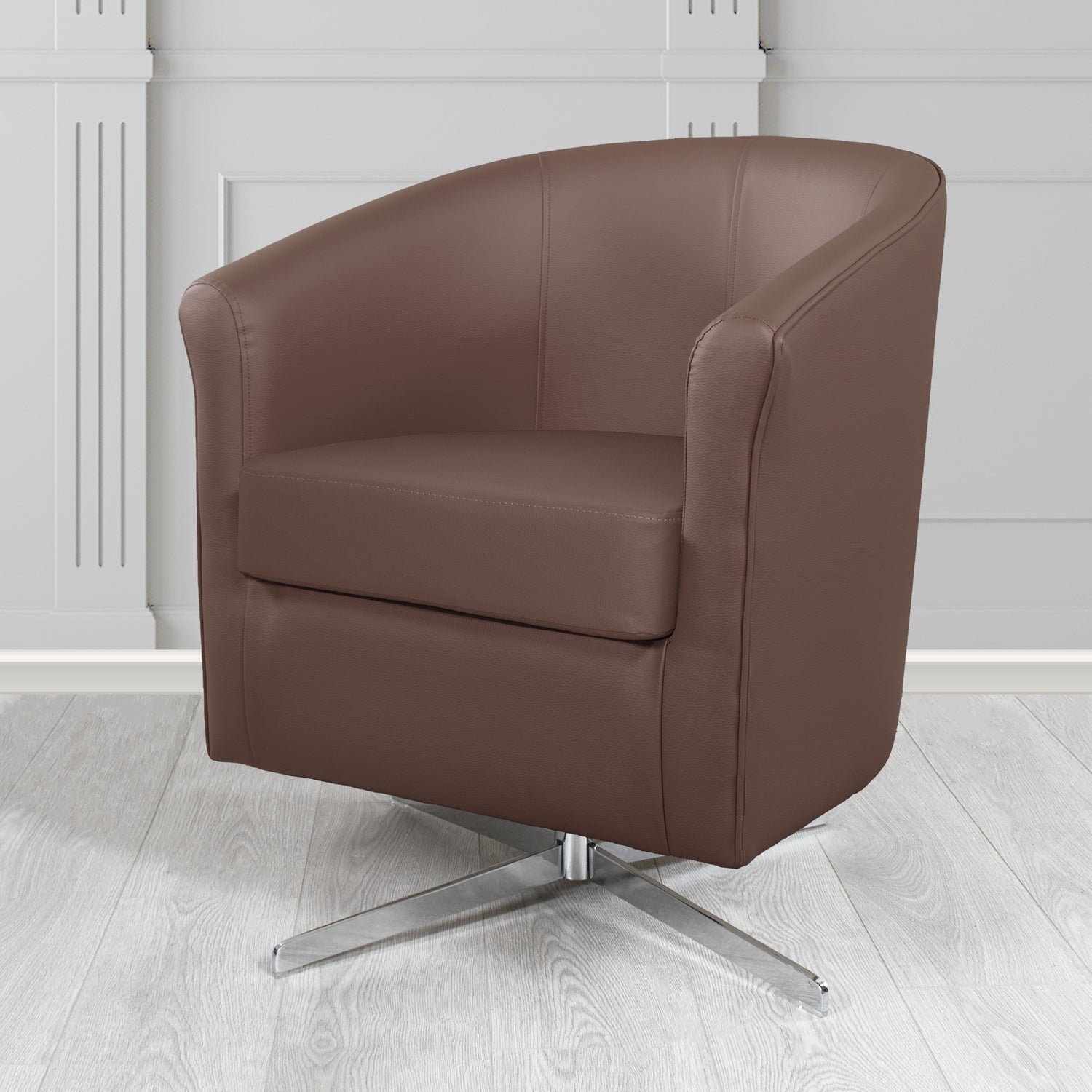 Cannes Swivel Tub Chair in Just Colour Cocoa Crib 5 Faux Leather - The Tub Chair Shop