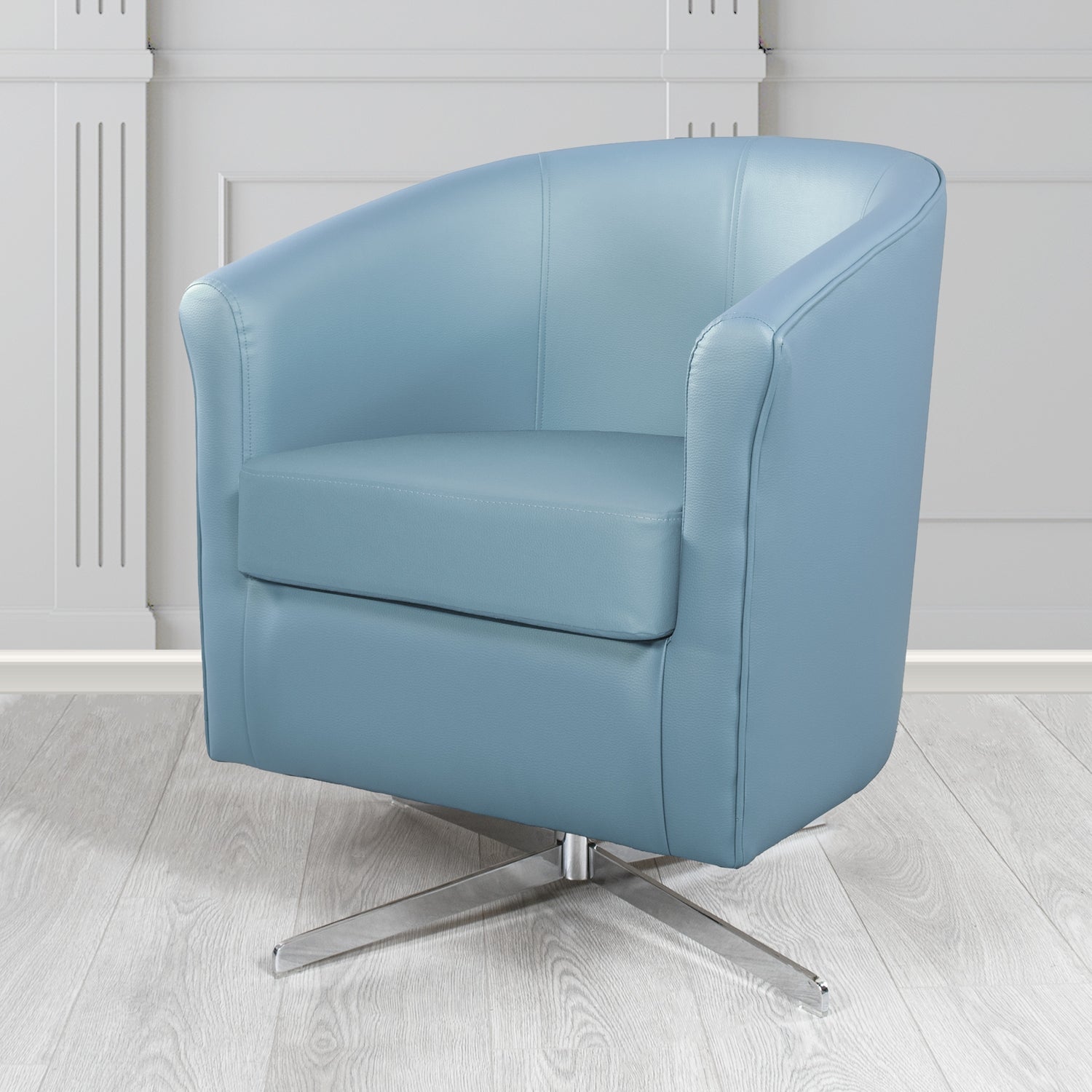 Cannes Swivel Tub Chair in Just Colour Cool Blue Crib 5 Faux Leather - The Tub Chair Shop