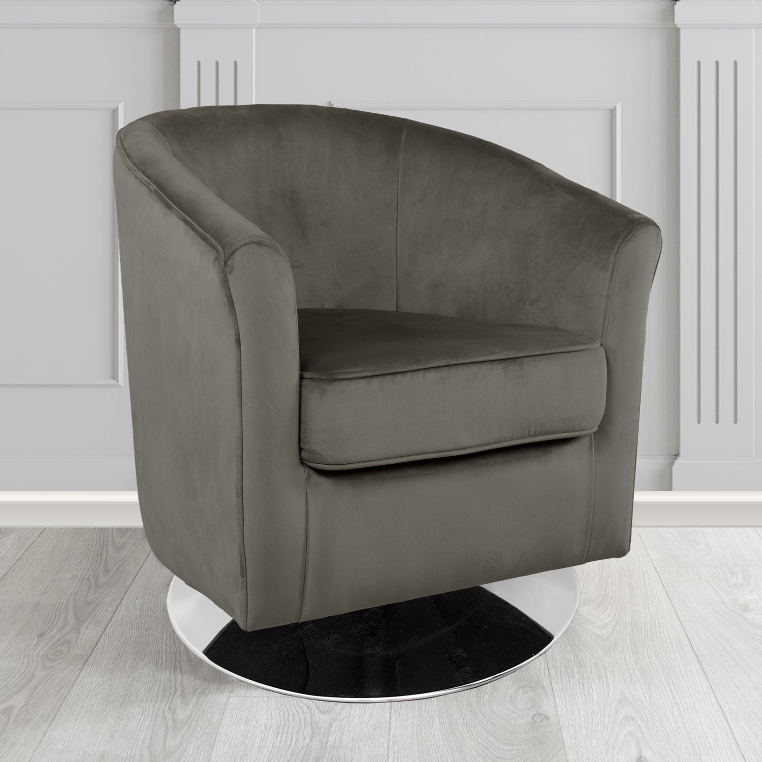 Devon Swivel Tub Chair in Monaco Grey Velvet Fabric - The Tub Chair Shop