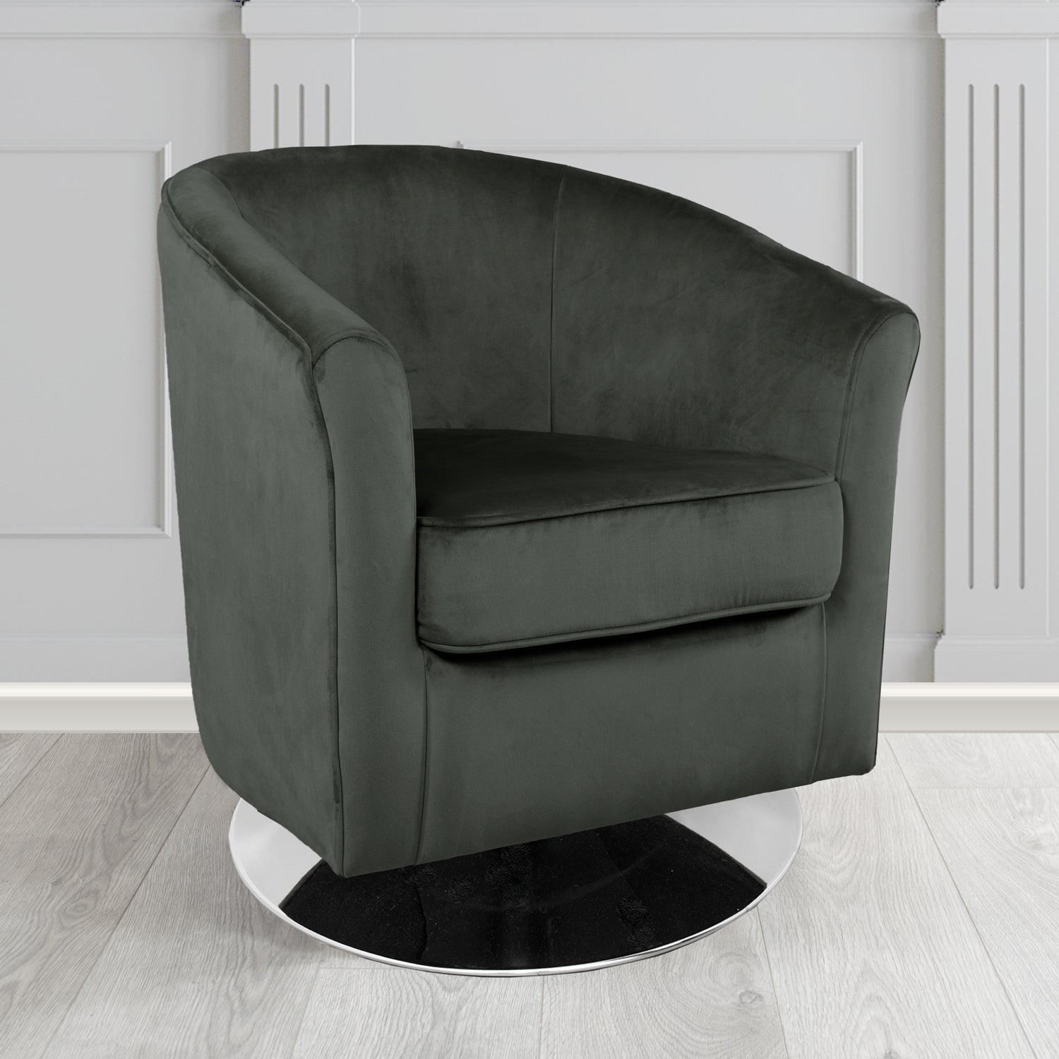 Devon Swivel Tub Chair in Passione Charcoal PAS2733 Velvet Crib 5 Fabric - The Tub Chair Shop