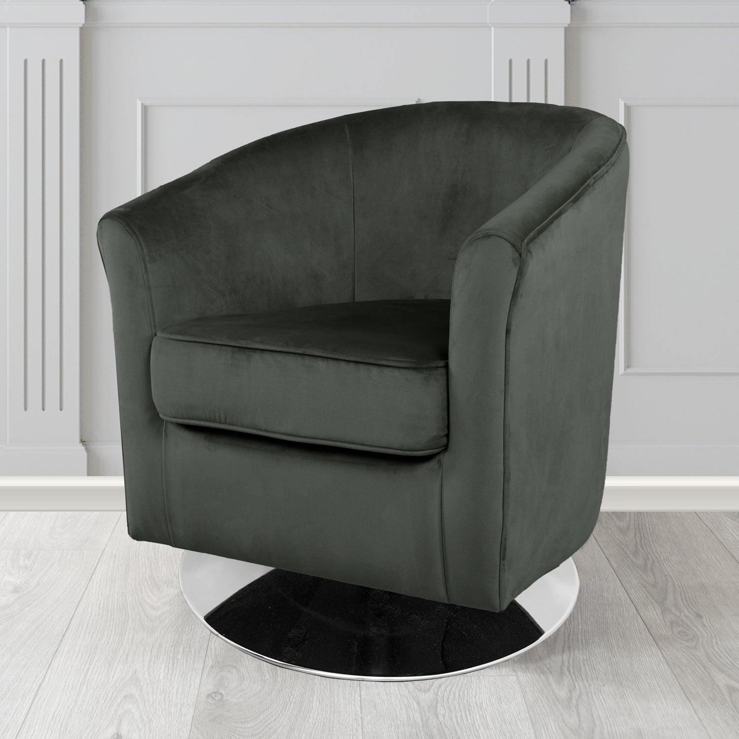 Devon Swivel Tub Chair in Passione Charcoal PAS2733 Velvet Crib 5 Fabric - The Tub Chair Shop