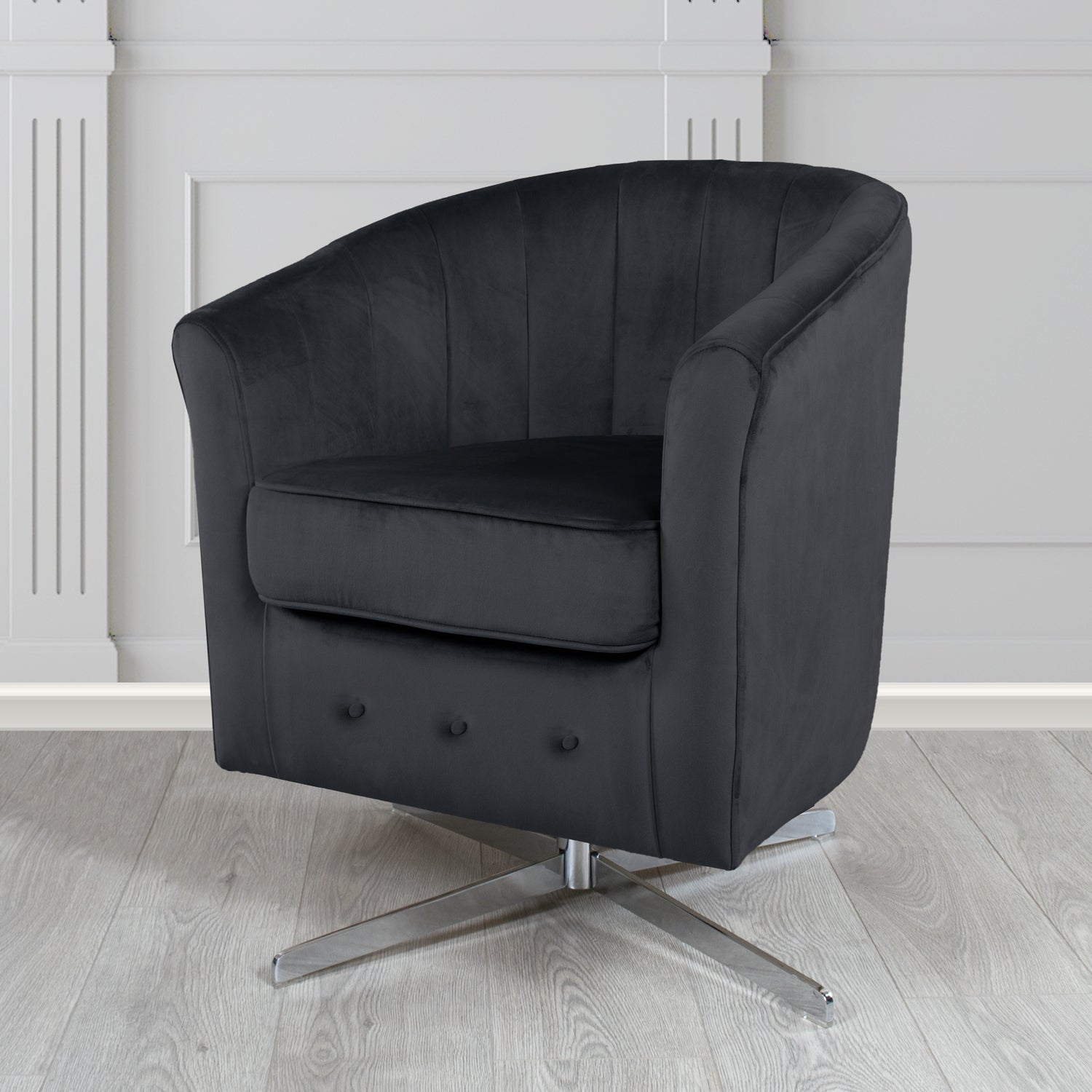 Doha Monaco Black Plain Velvet Fabric Swivel Tub Chair - The Tub Chair Shop