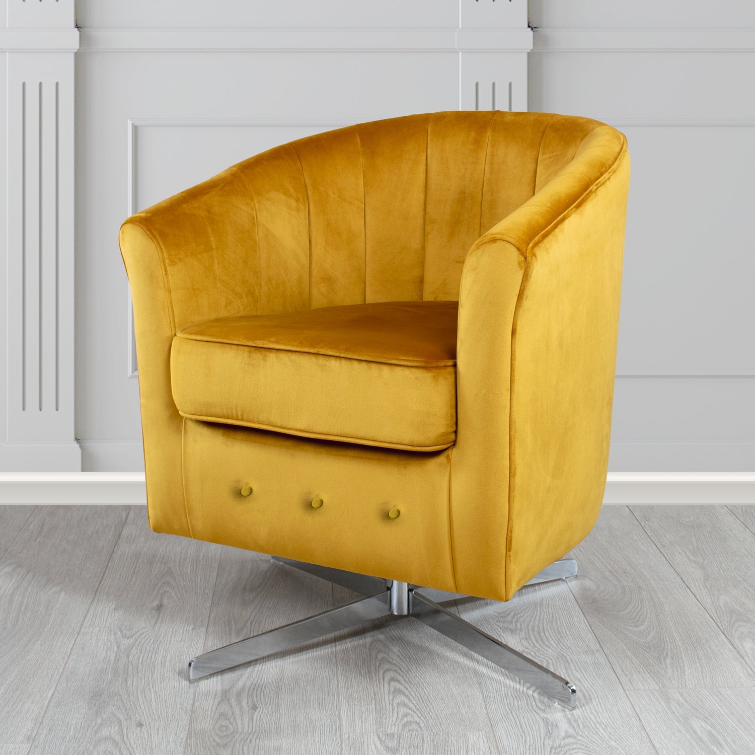 Doha Monaco Gold Plain Velvet Fabric Swivel Tub Chair - The Tub Chair Shop
