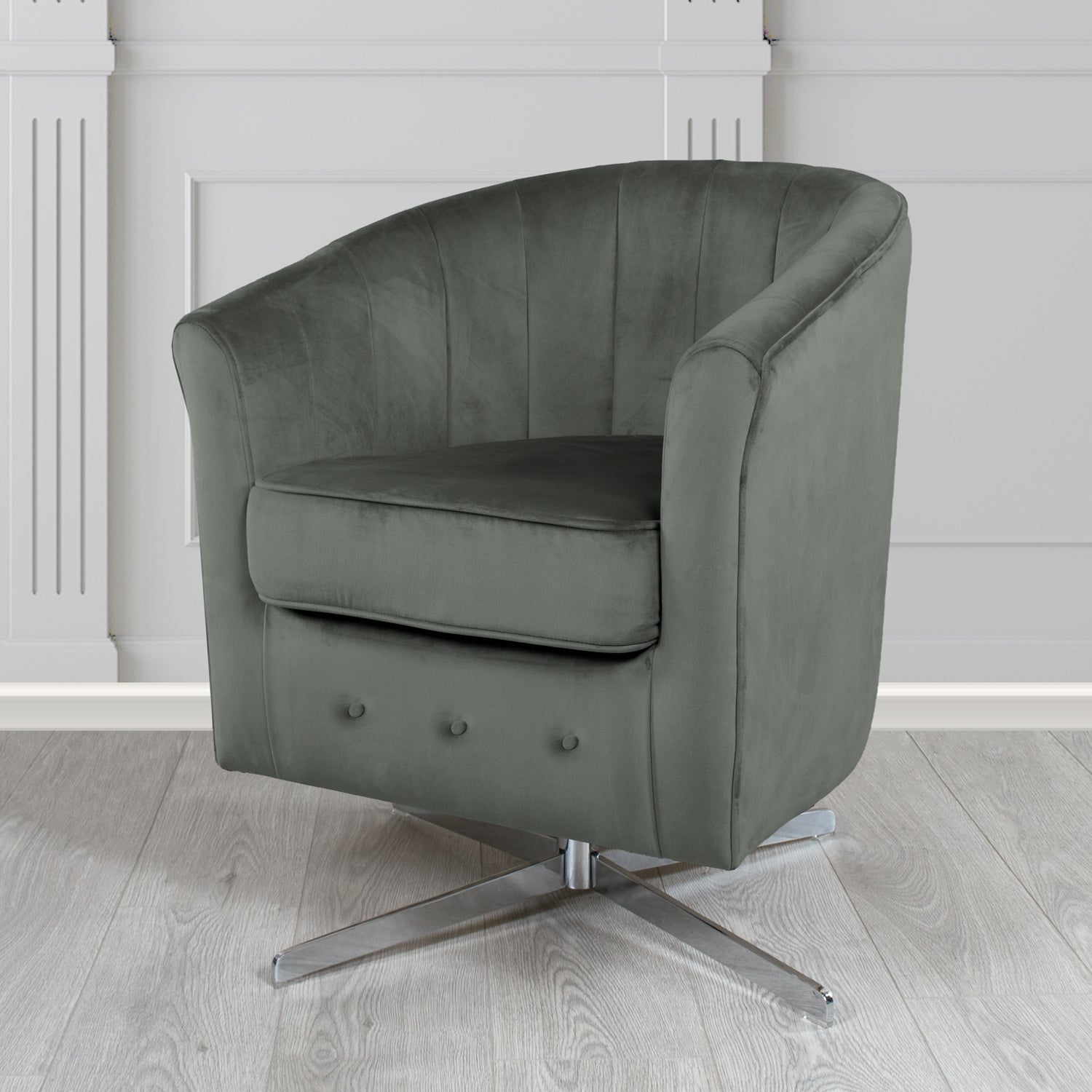 Doha Monaco Grey Plain Velvet Fabric Swivel Tub Chair - The Tub Chair Shop