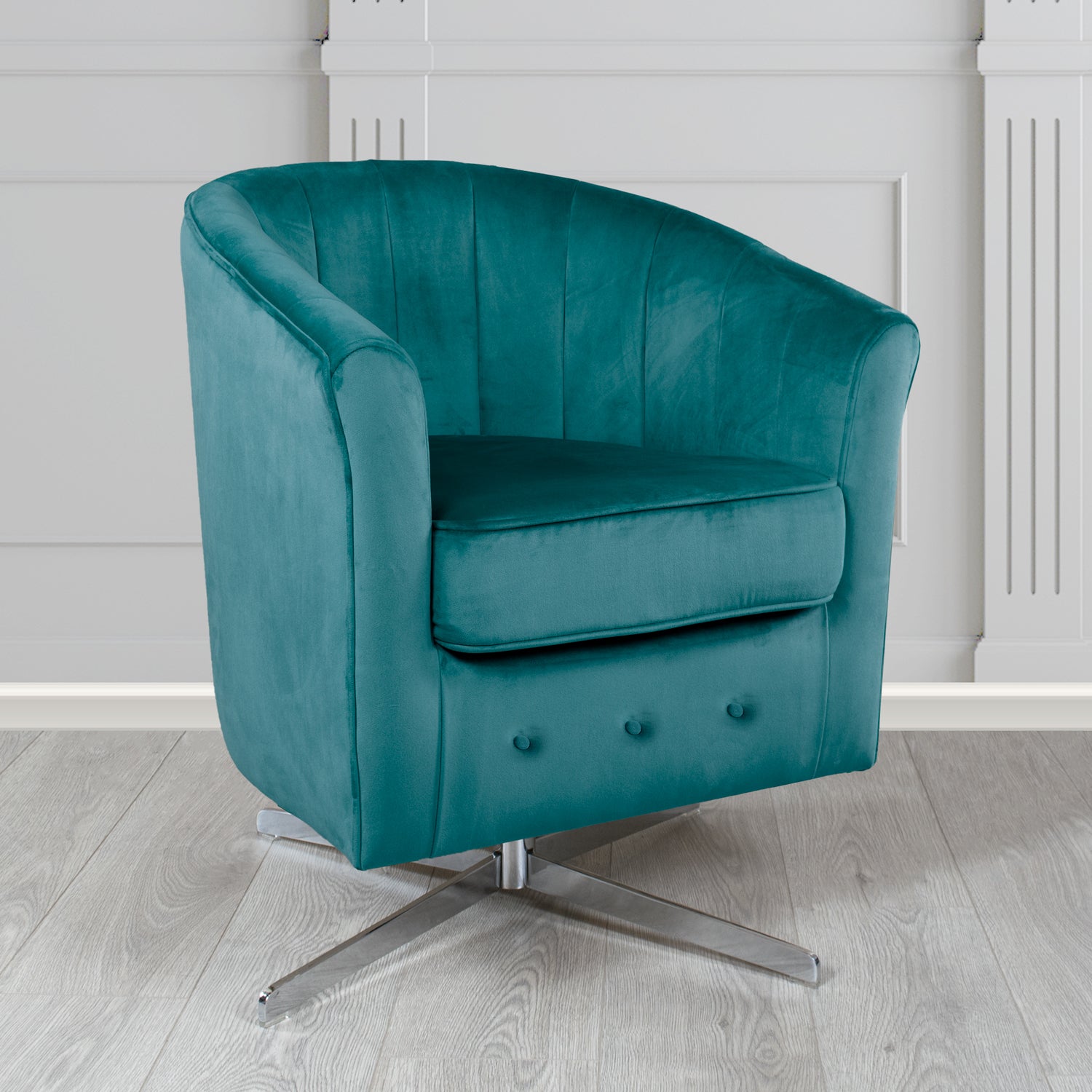 Soha Monaco Teal Plain Velvet Fabric Swivel Tub Chair - The Tub Chair Shop