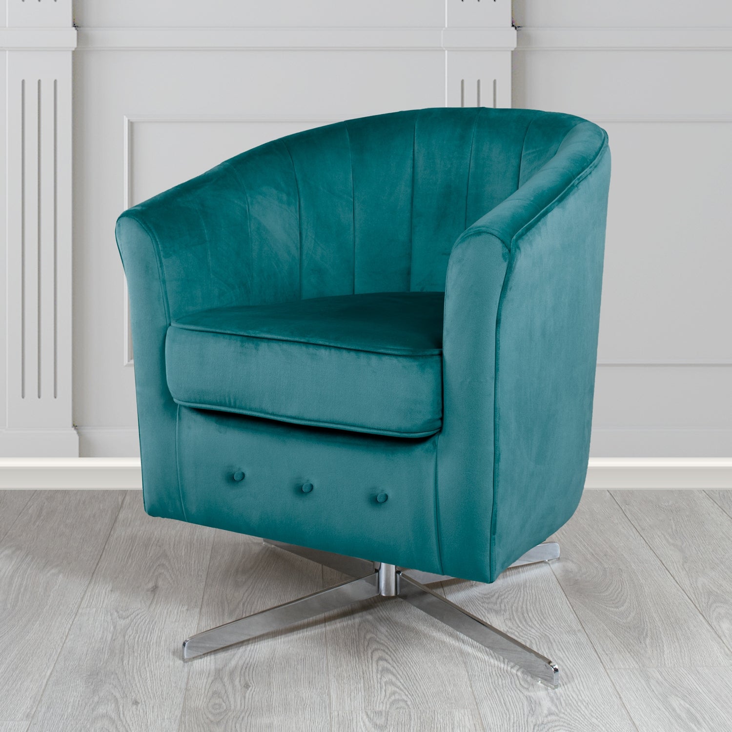 Soha Monaco Teal Plain Velvet Fabric Swivel Tub Chair - The Tub Chair Shop
