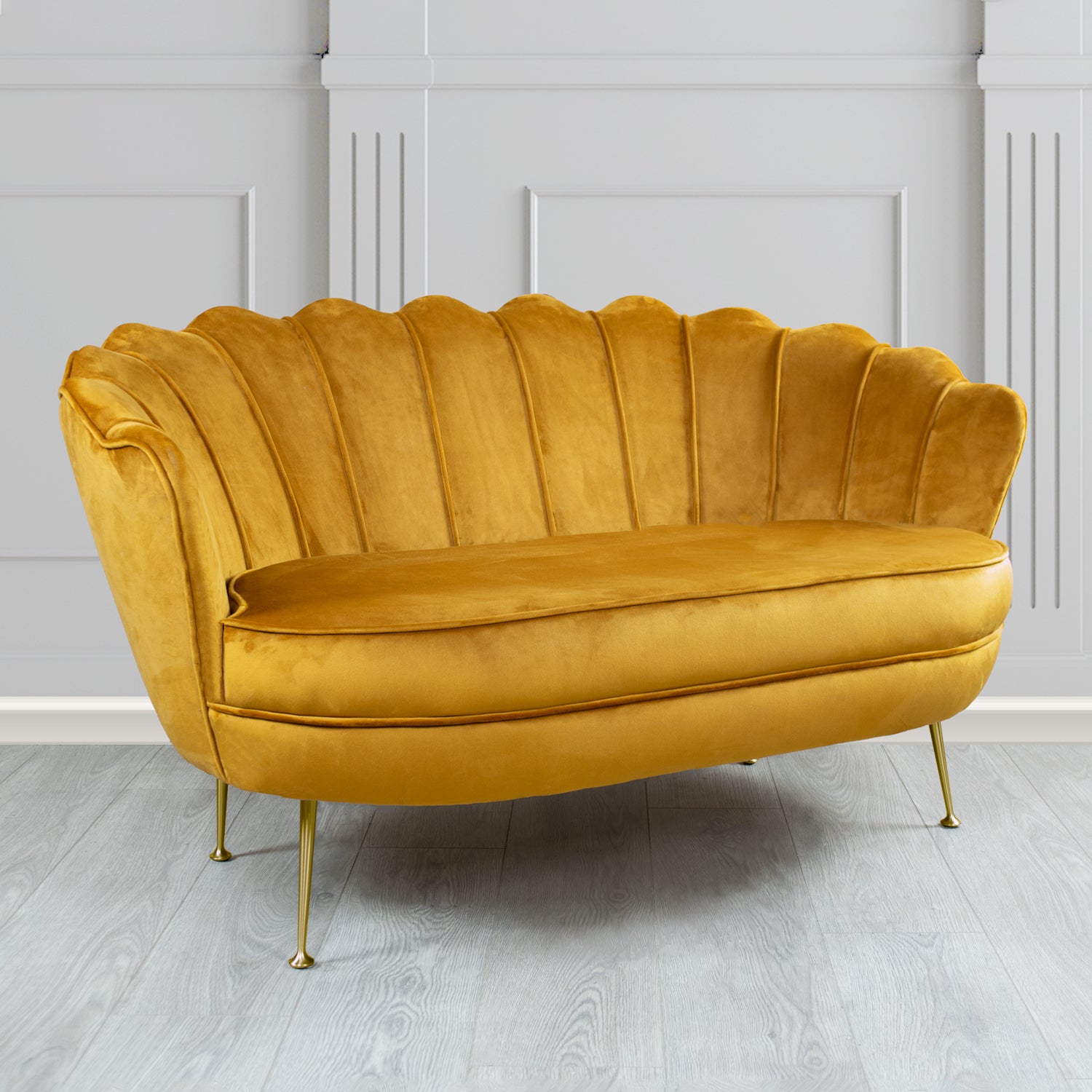 Olivia Monaco Gold Plain Velvet Fabric 2 Seater Shell Sofa - The Tub Chair Shop