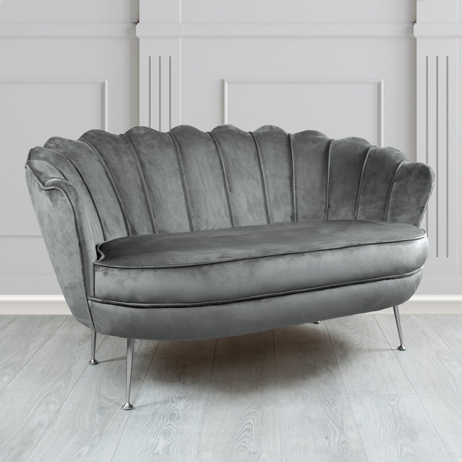 Olivia 2 Seater Shell Sofa in Monaco Platinum Plain Velvet Fabric