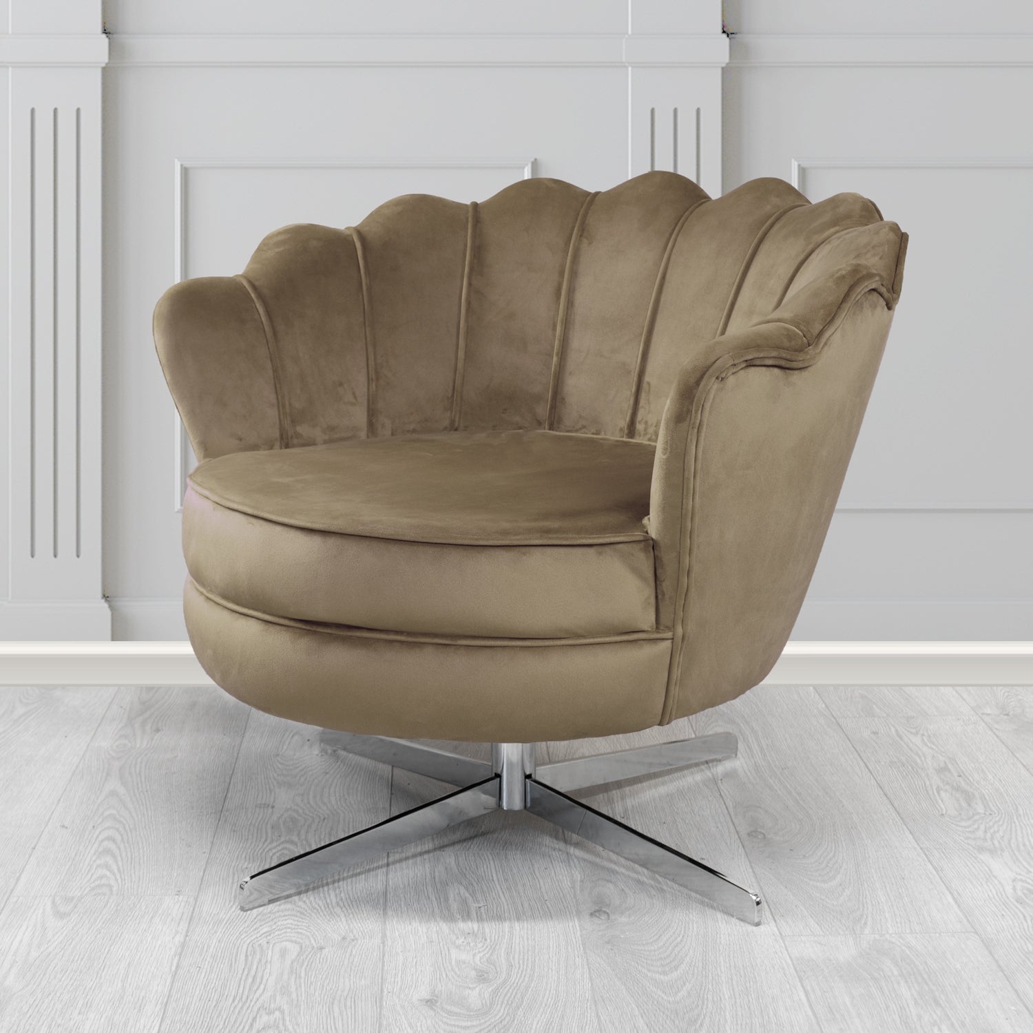 Olivia Monaco Biscuit Plain Velvet Fabric Swivel Shell Chair - The Tub Chair Shop