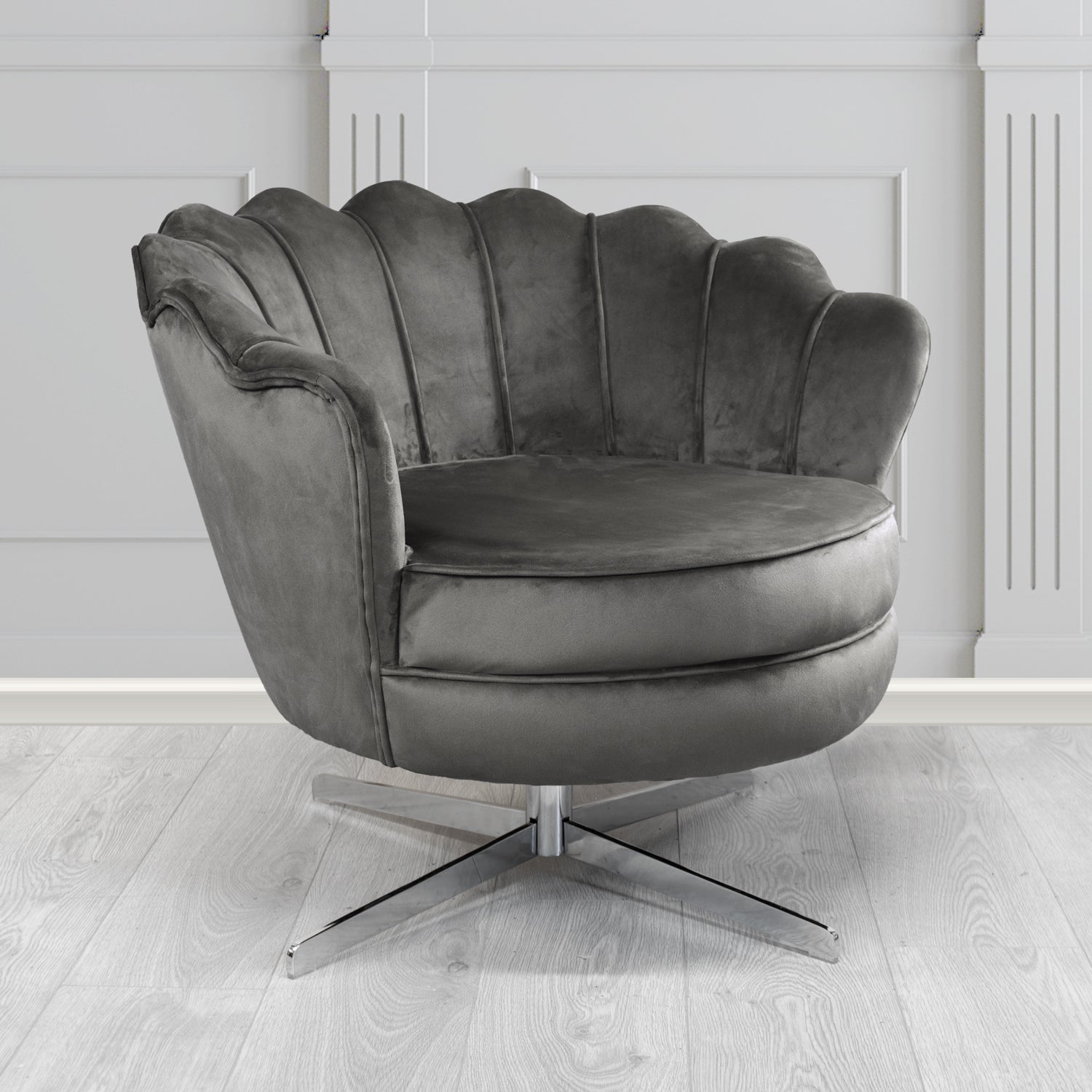 Olivia Monaco Grey Plain Velvet Fabric Swivel Shell Chair - The Tub Chair Shop