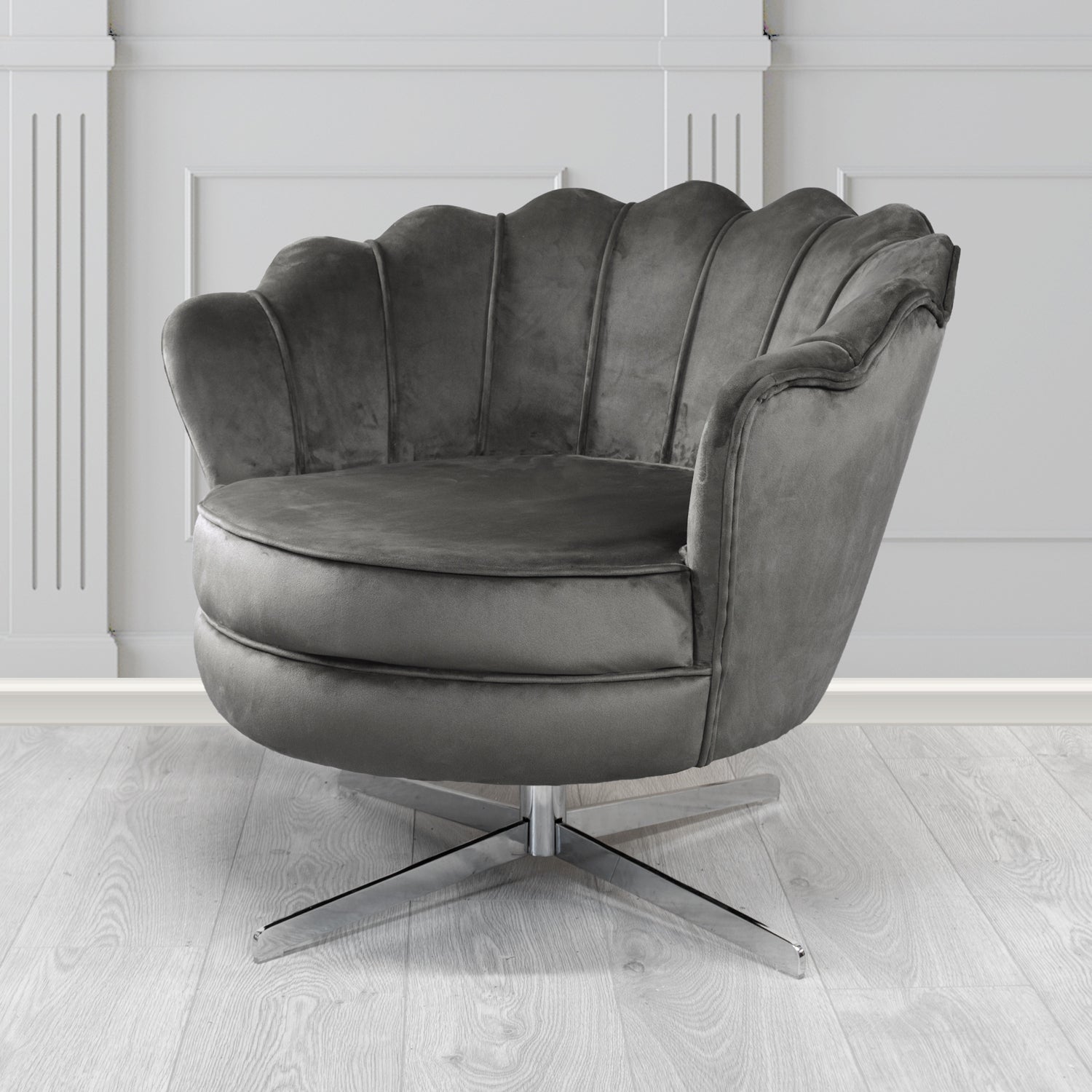 Olivia Monaco Grey Plain Velvet Fabric Swivel Shell Chair - The Tub Chair Shop
