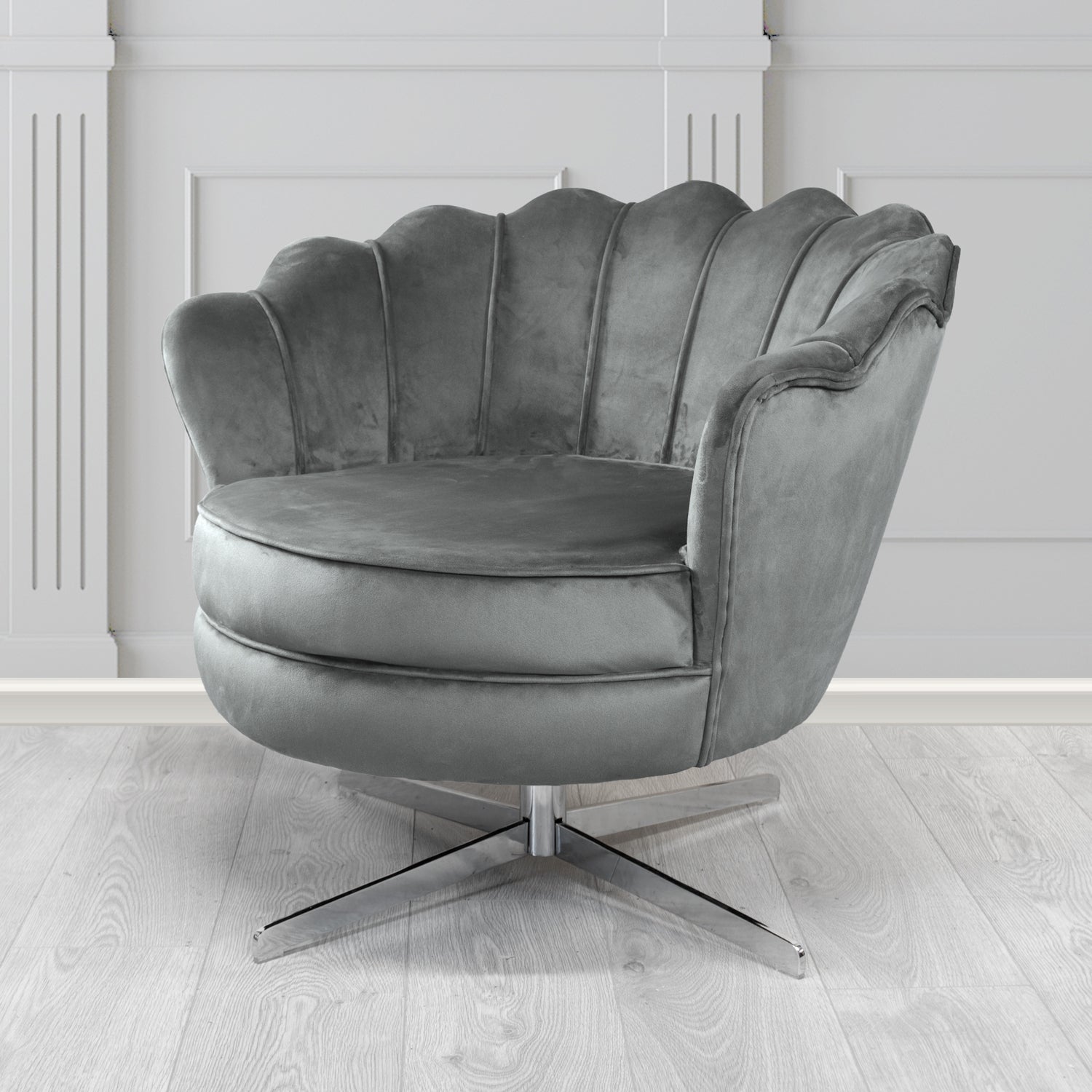 Olivia Monaco Platinum Plain Velvet Fabric Swivel Shell Chair - The Tub Chair Shop