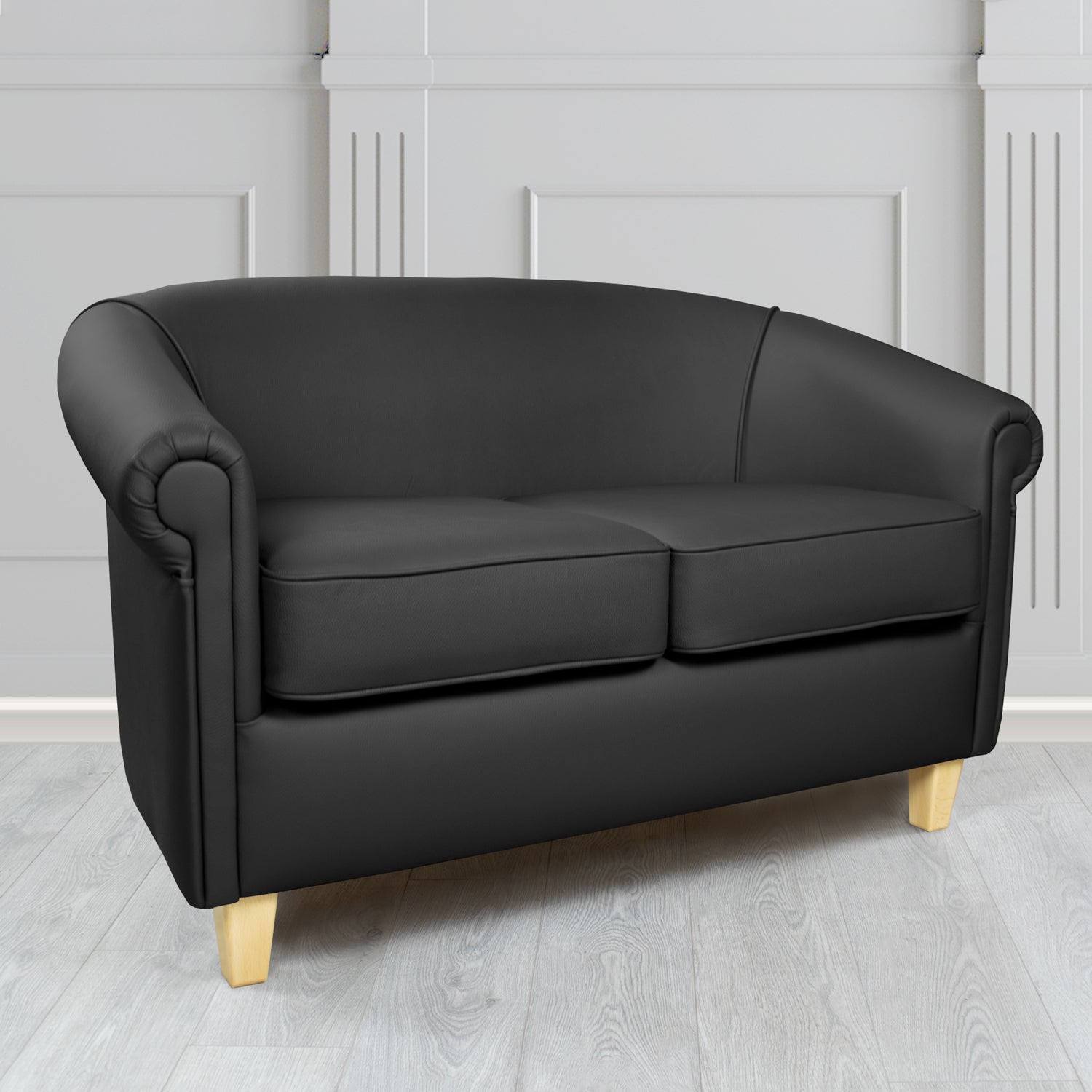 Siena Crib 5 Shelly Black Genuine Leather 2 Seater Tub Sofa - The Tub Chair Shop