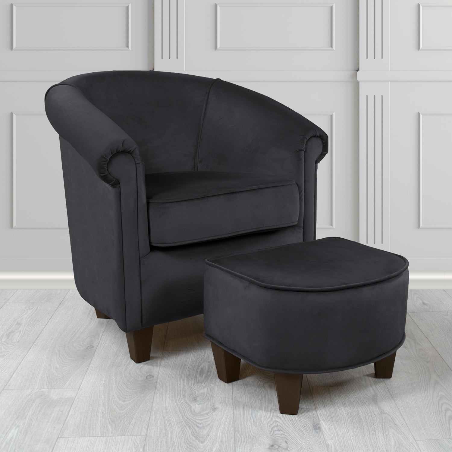 Siena Monaco Black Plush Velvet Fabric Tub Chair & Footstool Set (6621285417002)