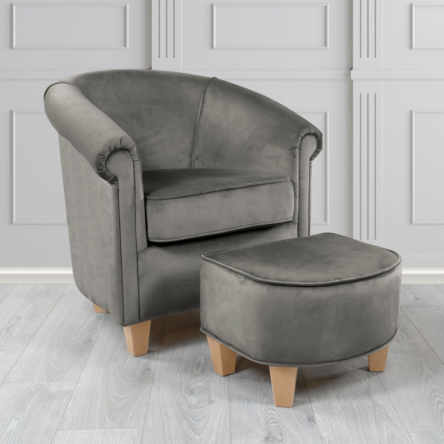 Siena Monaco Charcoal Plush Velvet Fabric Tub Chair & Footstool Set (6621286957098)