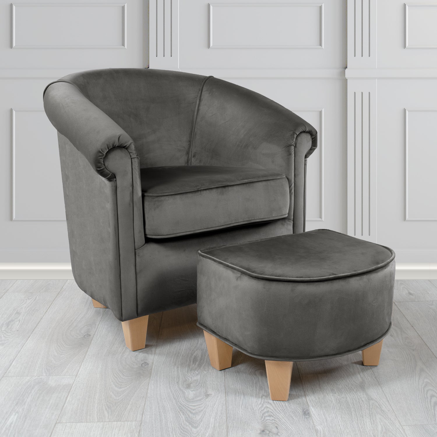 Siena Monaco Grey Plush Velvet Fabric Tub Chair & Footstool Set (6621288464426)