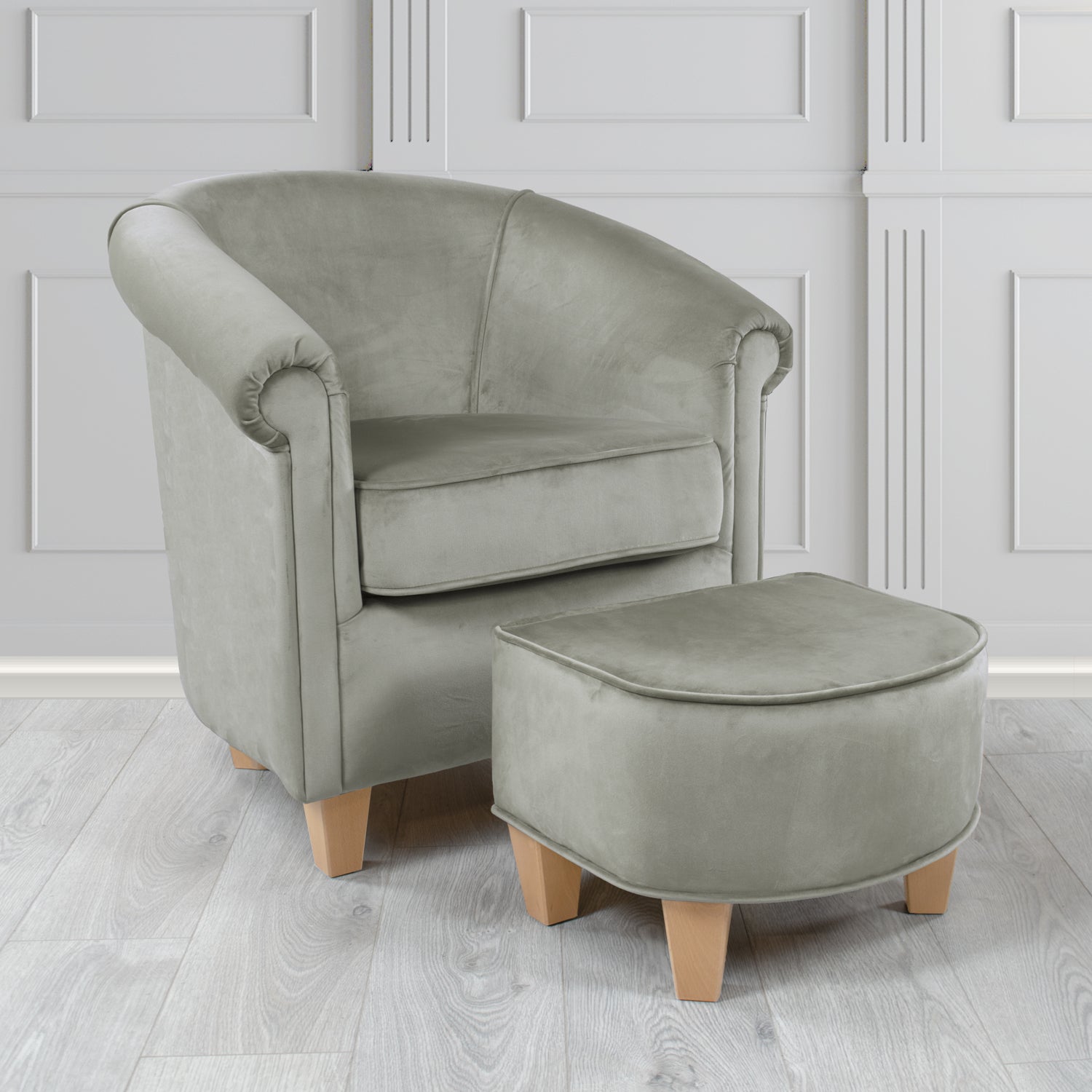 Siena Monaco Silver Plush Velvet Fabric Tub Chair & Footstool Set (6621300949034)