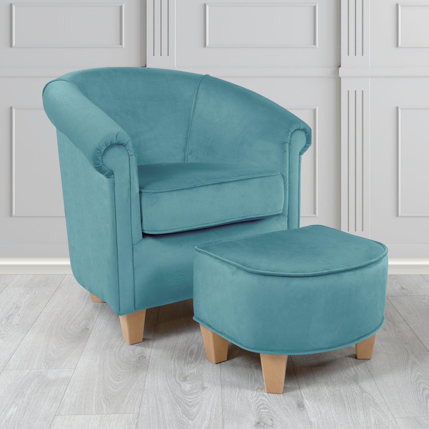 Siena Monaco Sky Plush Velvet Fabric Tub Chair & Footstool Set (6621301276714)