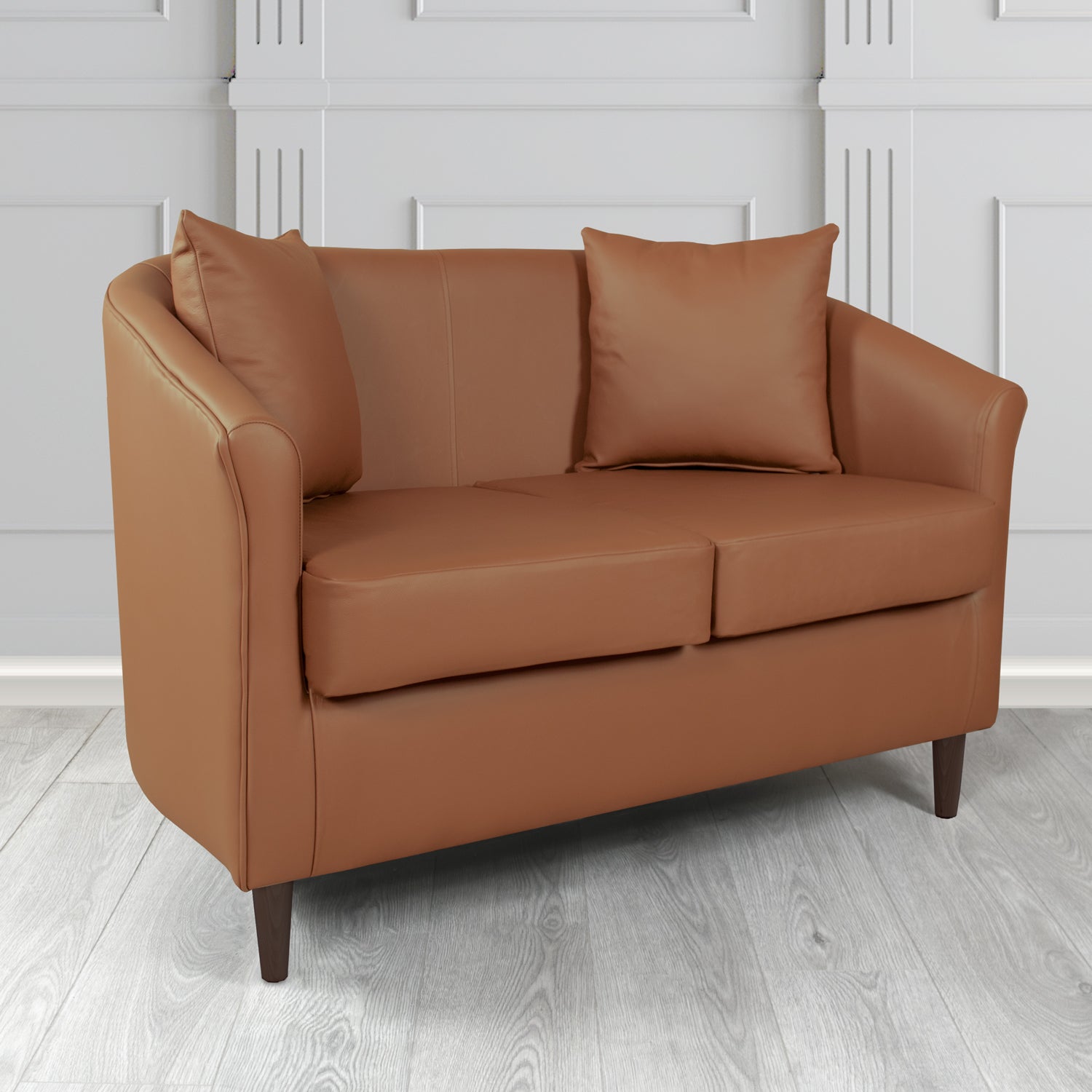 St Tropez 2 Seater Tub Sofa in Contempo Castagna Crib 5 Genuine Leather with Scatter Cushions