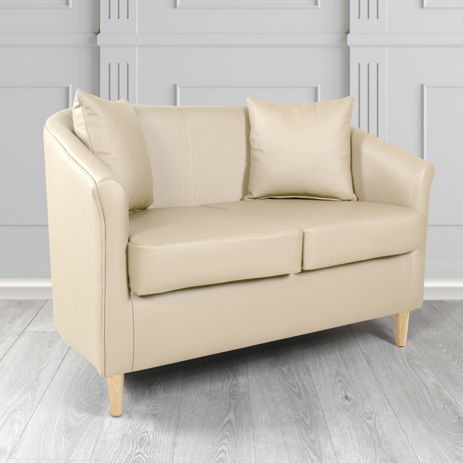 St Tropez 2 Seater Tub Sofa in Contempo Ivory Crib 5 Genuine Leather with Scatter Cushions
