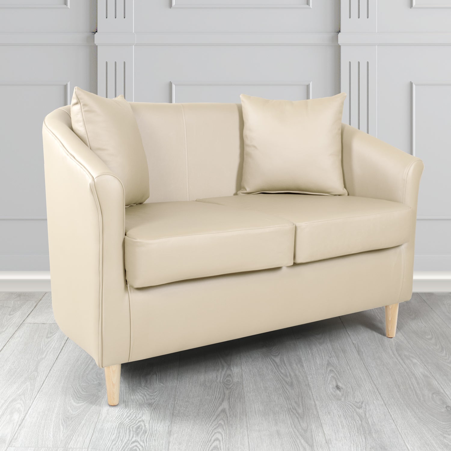 St Tropez Shelly Almond Crib 5 Genuine Leather 2 Seater Tub Sofa with Scatter Cushions - The Tub Chair Shop