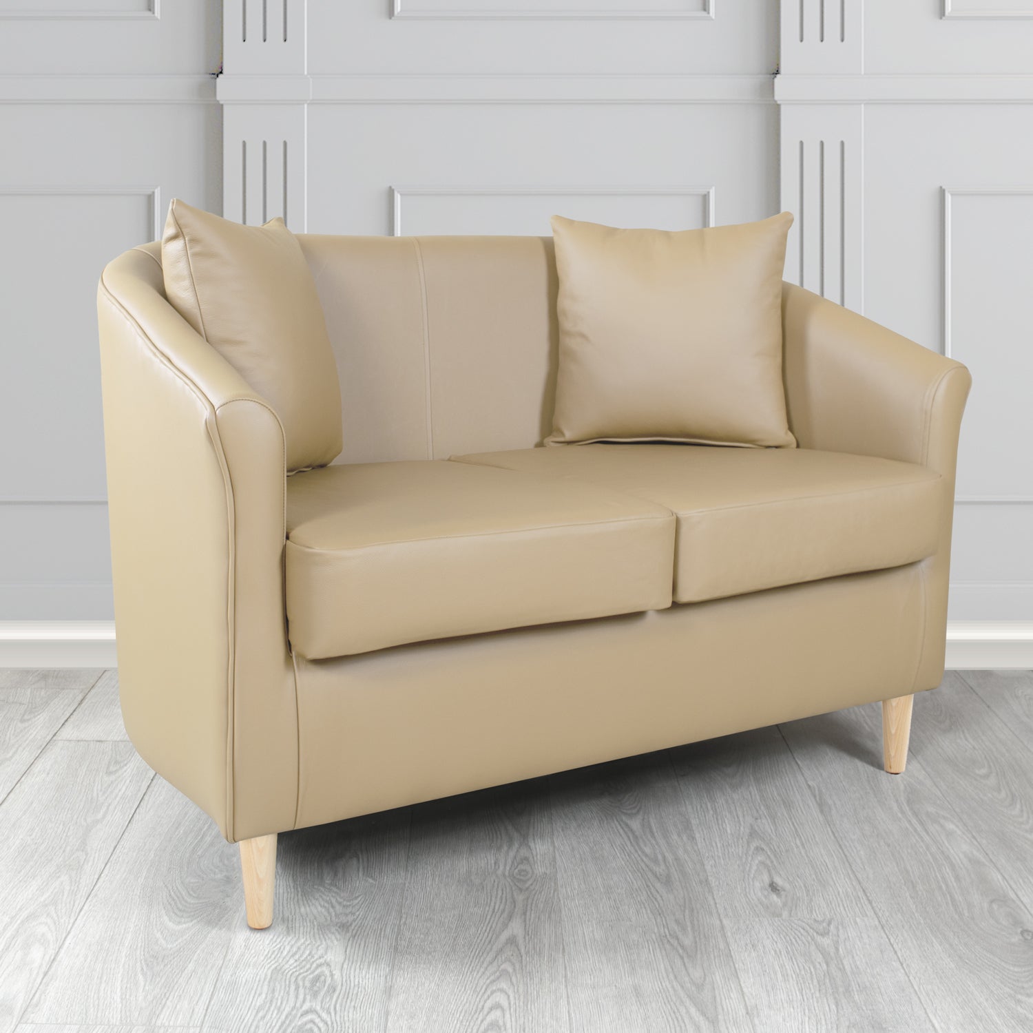 St Tropez Shelly Basket Crib 5 Genuine Leather 2 Seater Tub Sofa with Scatter Cushions - The Tub Chair Shop