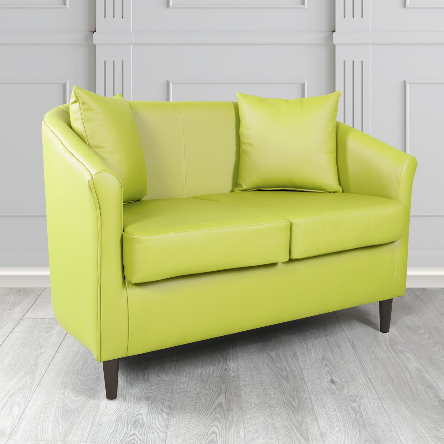 St Tropez Shelly Chartreuse Crib 5 Genuine Leather 2 Seater Tub Sofa with Scatter Cushions - The Tub Chair Shop